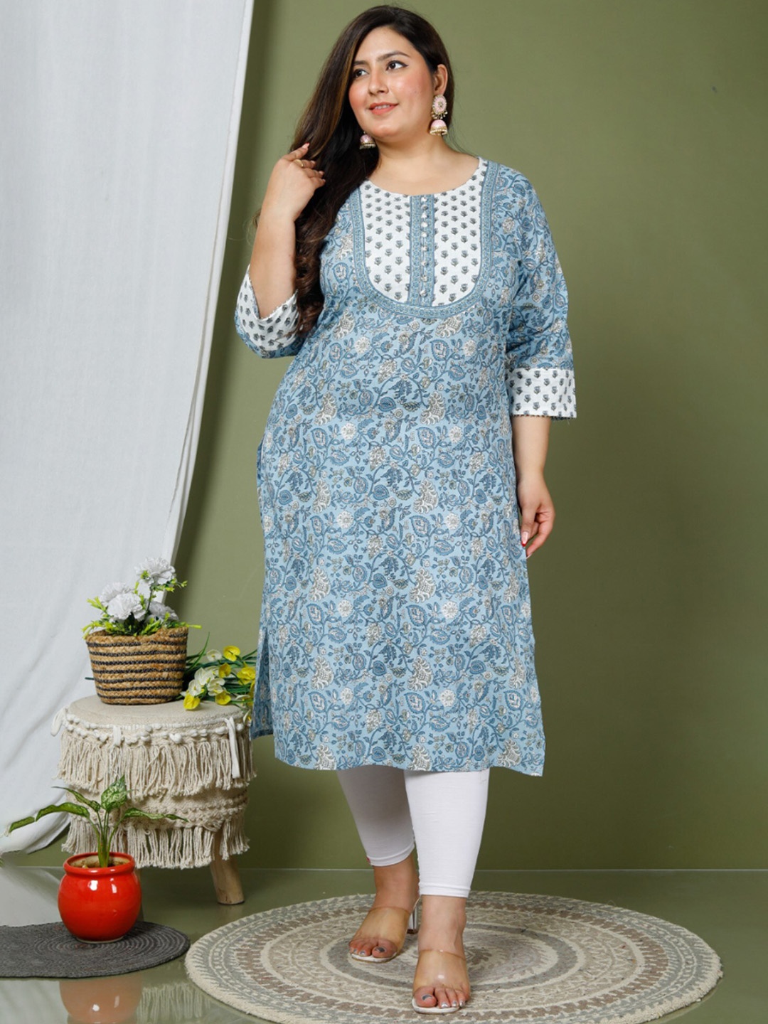 

KALINI Plus Size Floral Printed Pure Cotton Kurta, Blue