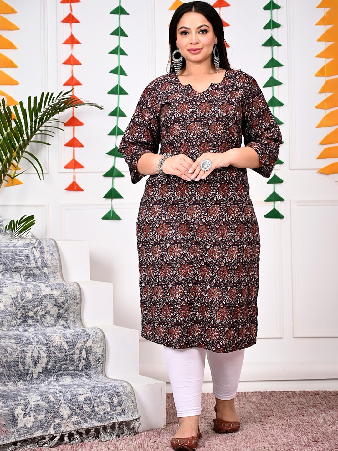 KALINI Plus Size Floral Printed Pure Cotton Kurta, Brown
