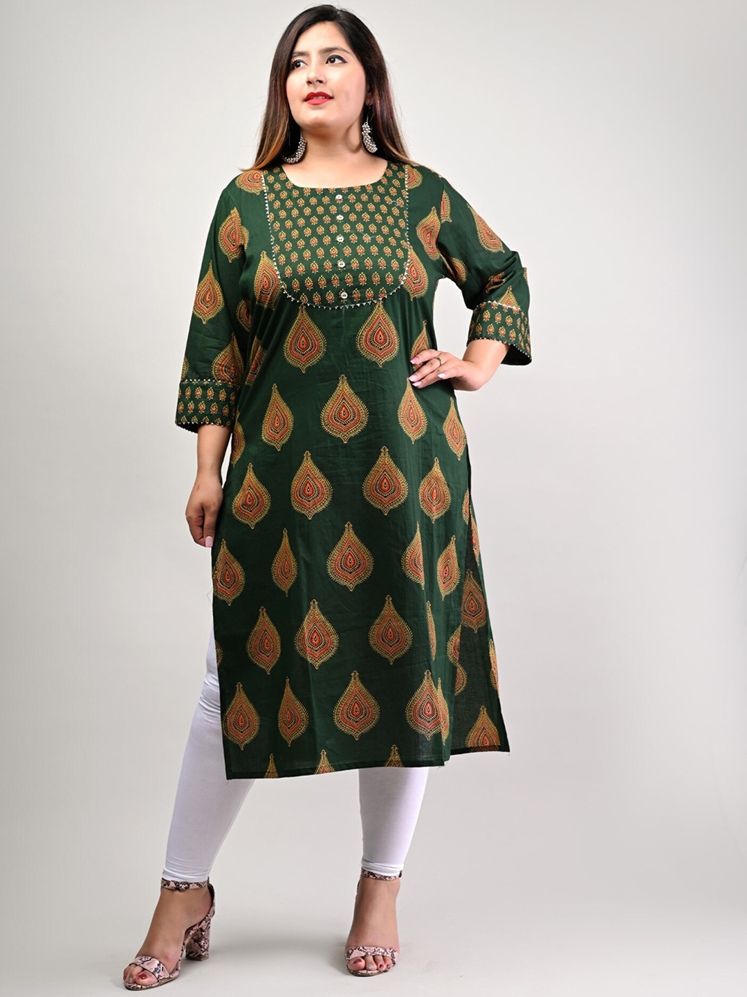 

KALINI Ethnic Motif Printed Gotta Patti Cotton Straight Kurta, Green