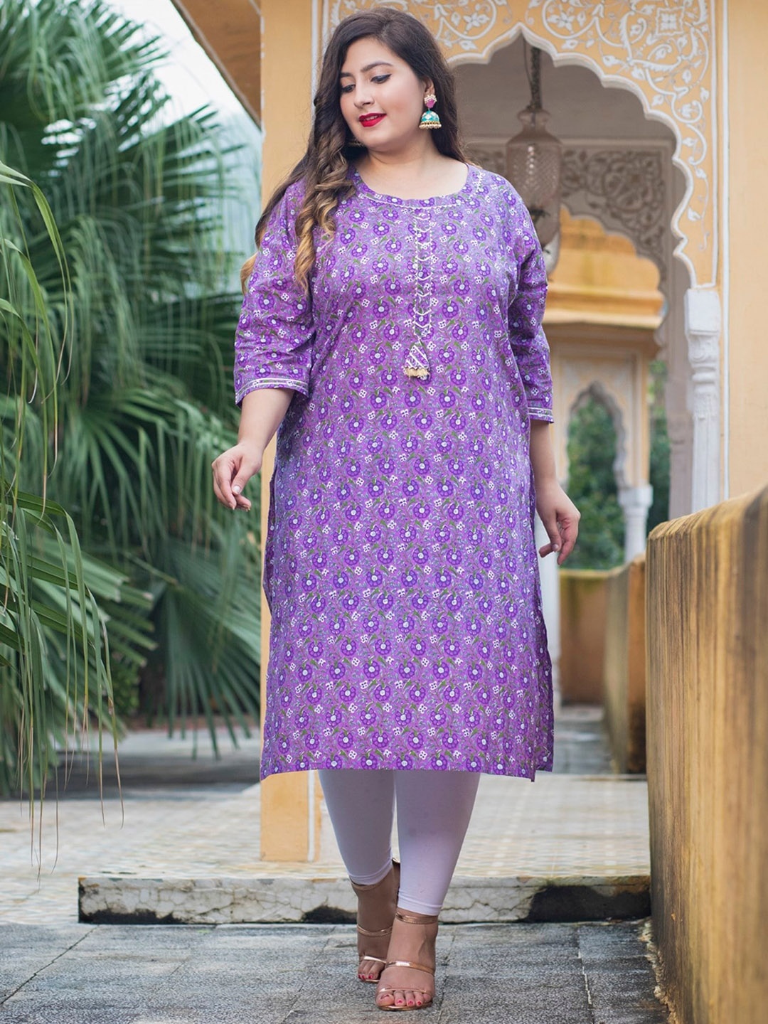 

KALINI Plus Size Floral Printed Round Neck Gotta Patti Cotton Straight Kurta, Purple