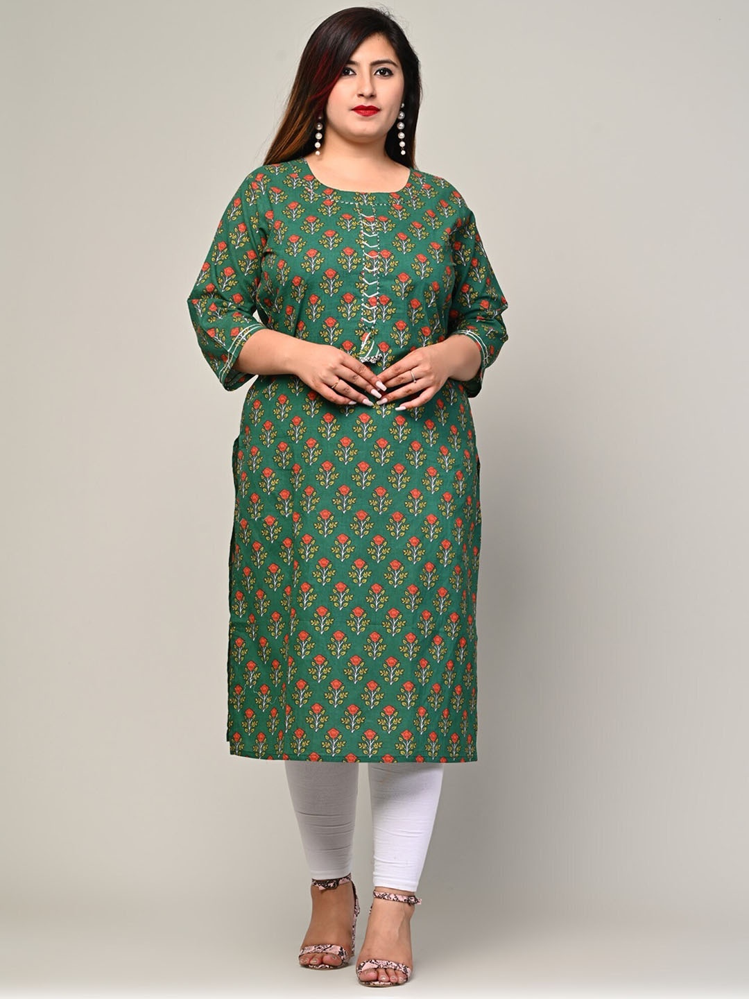 

KALINI Plus Size Floral Printed Round Neck Gotta Patti Cotton Straight Kurta, Green
