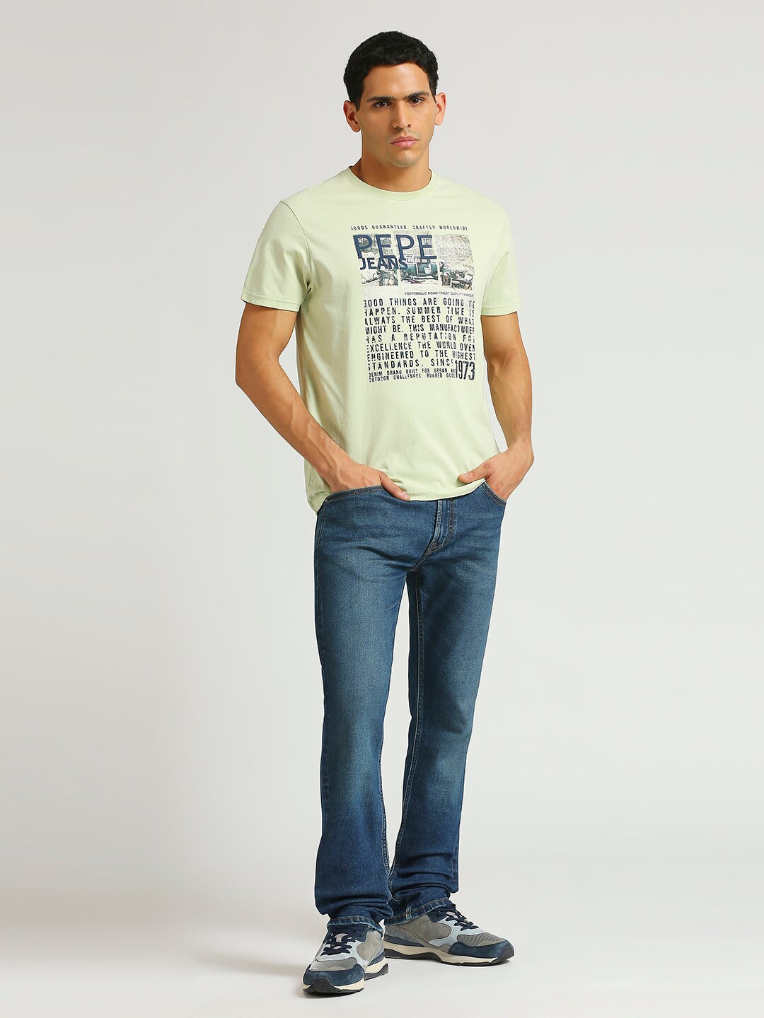 

Pepe Jeans Waylon Typography Printed Round Neck Pure Cotton Slim Fit T-shirt, Green
