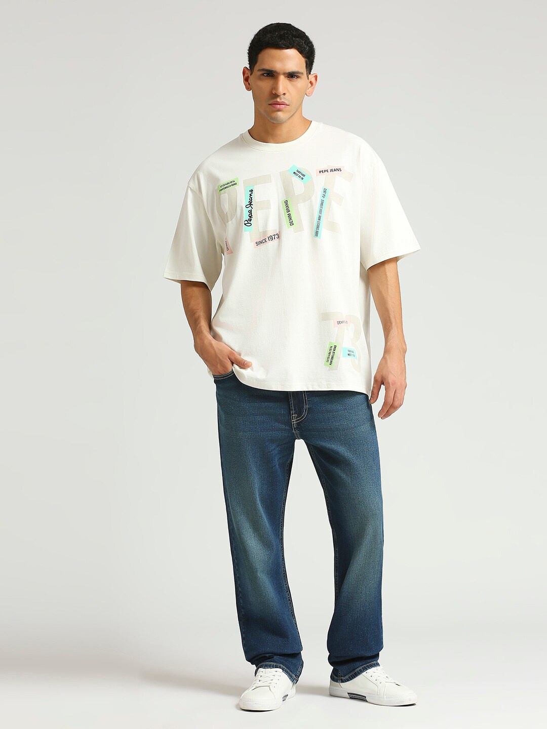 Pepe Jeans Wendel Typography Printed Drop-Shoulder Sleeves Pure Cotton Oversized T-shirt, White