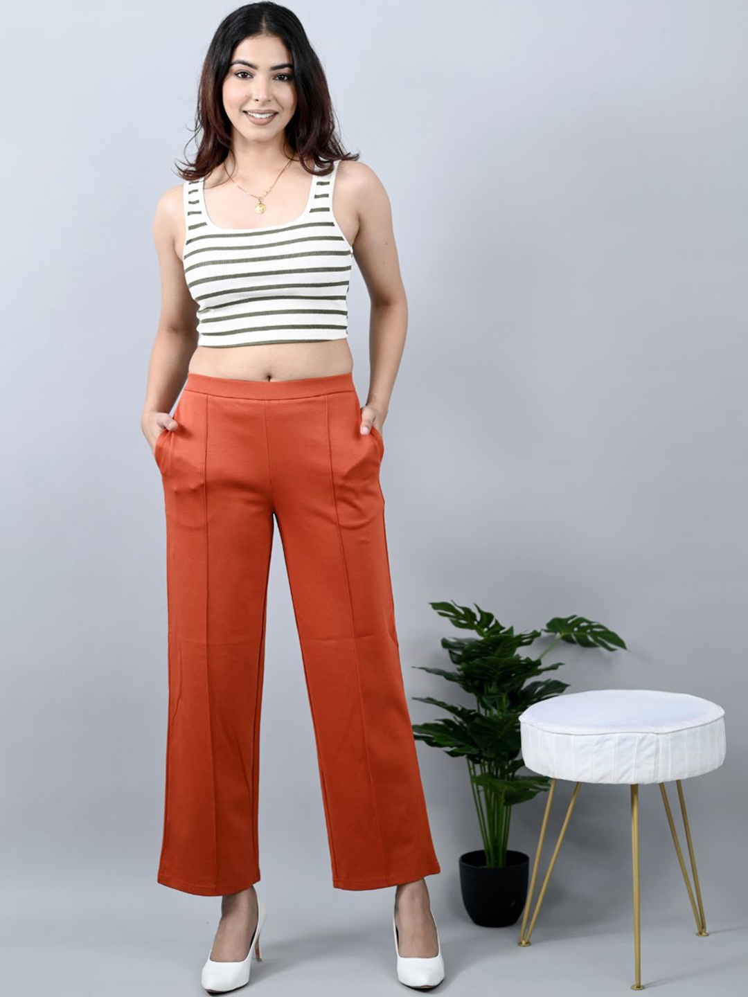 

Mlada Women Wide Leg Flared Mid-Rise Stretchable Trouser, Rust