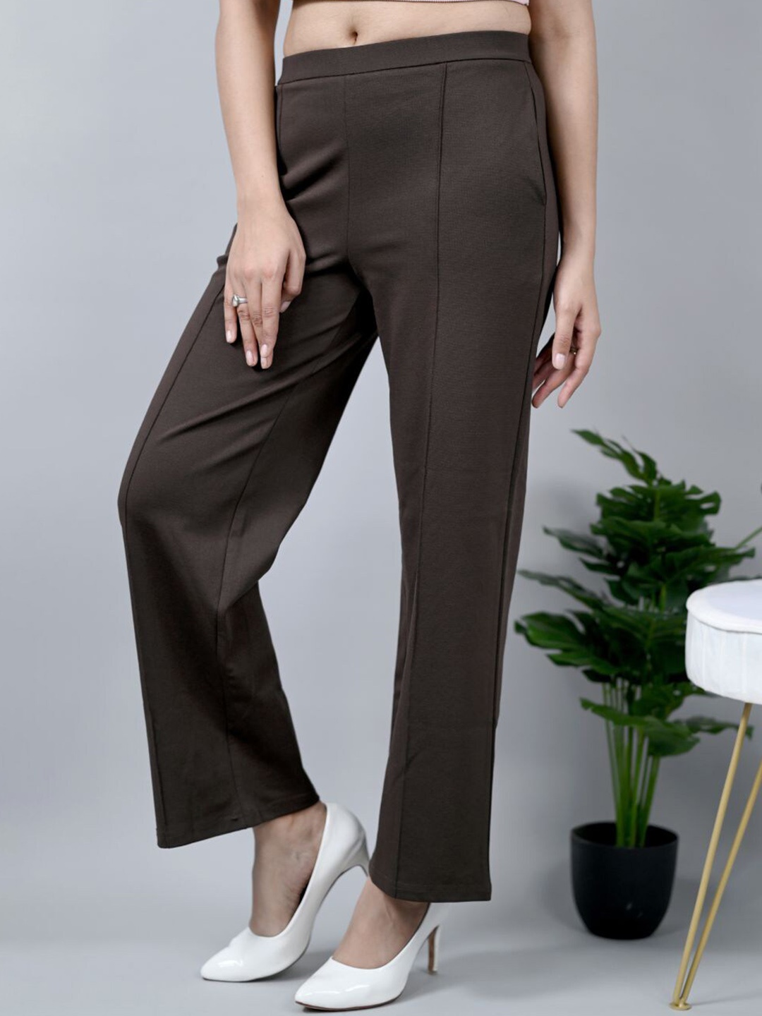 

Mlada Women Wide Leg Flared Mid-Rise Stretchable Trouser, Coffee brown