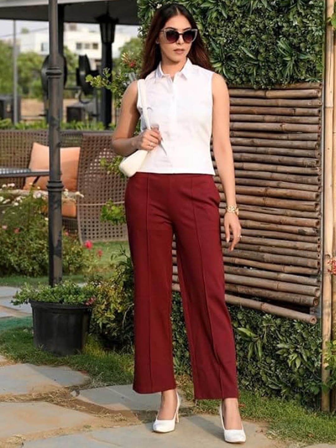 

Mlada Women Wide Leg Flared Mid-Rise Stretchable Trouser, Maroon
