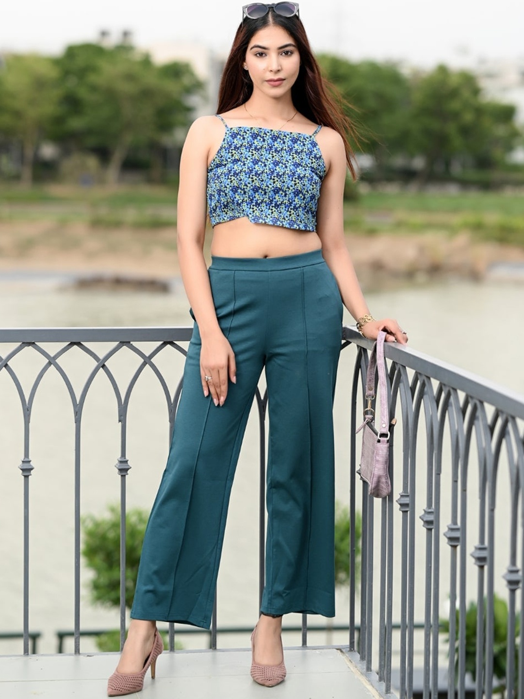 

Mlada Women Wide Leg Flared Mid-Rise Stretchable Trouser, Teal
