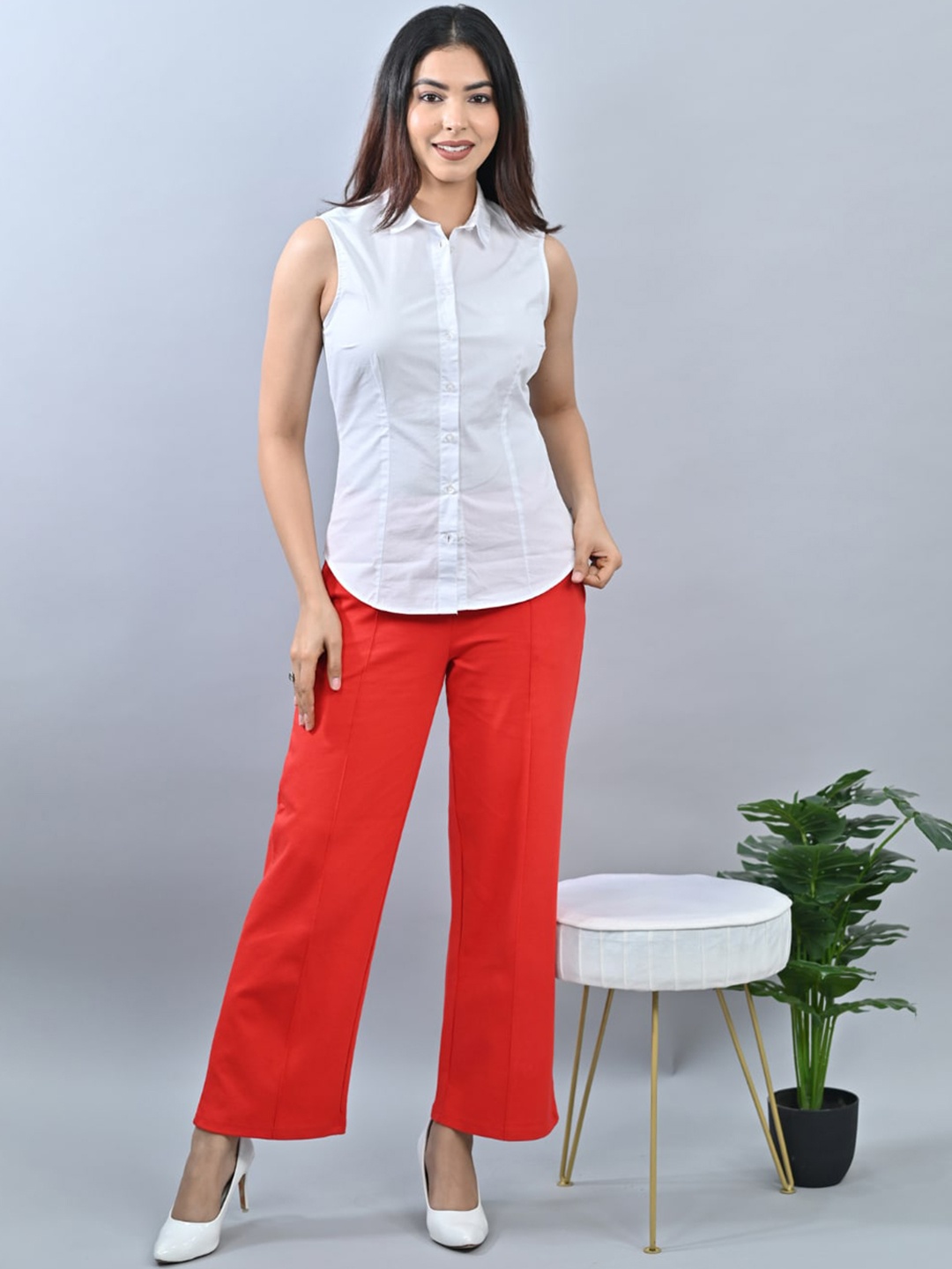 

Mlada Women Wide Leg Flared Mid-Rise Stretchable Trouser, Red