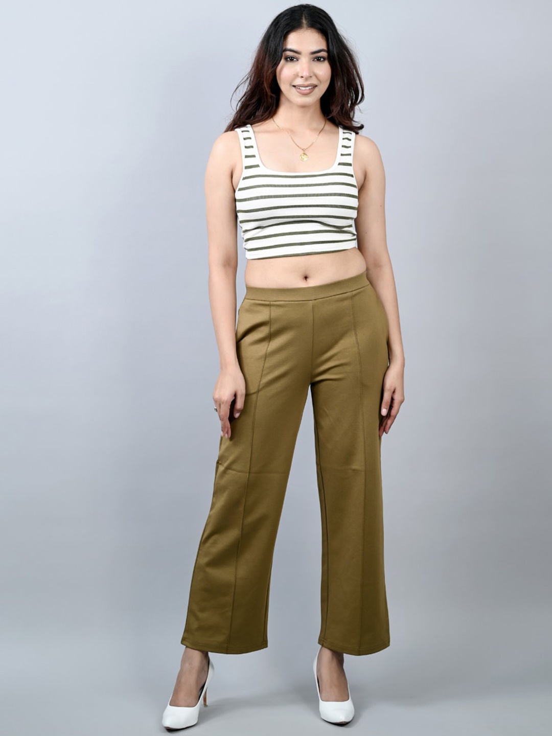 

Mlada Women Wide Leg Flared Mid-Rise Stretchable Trouser, Lime green