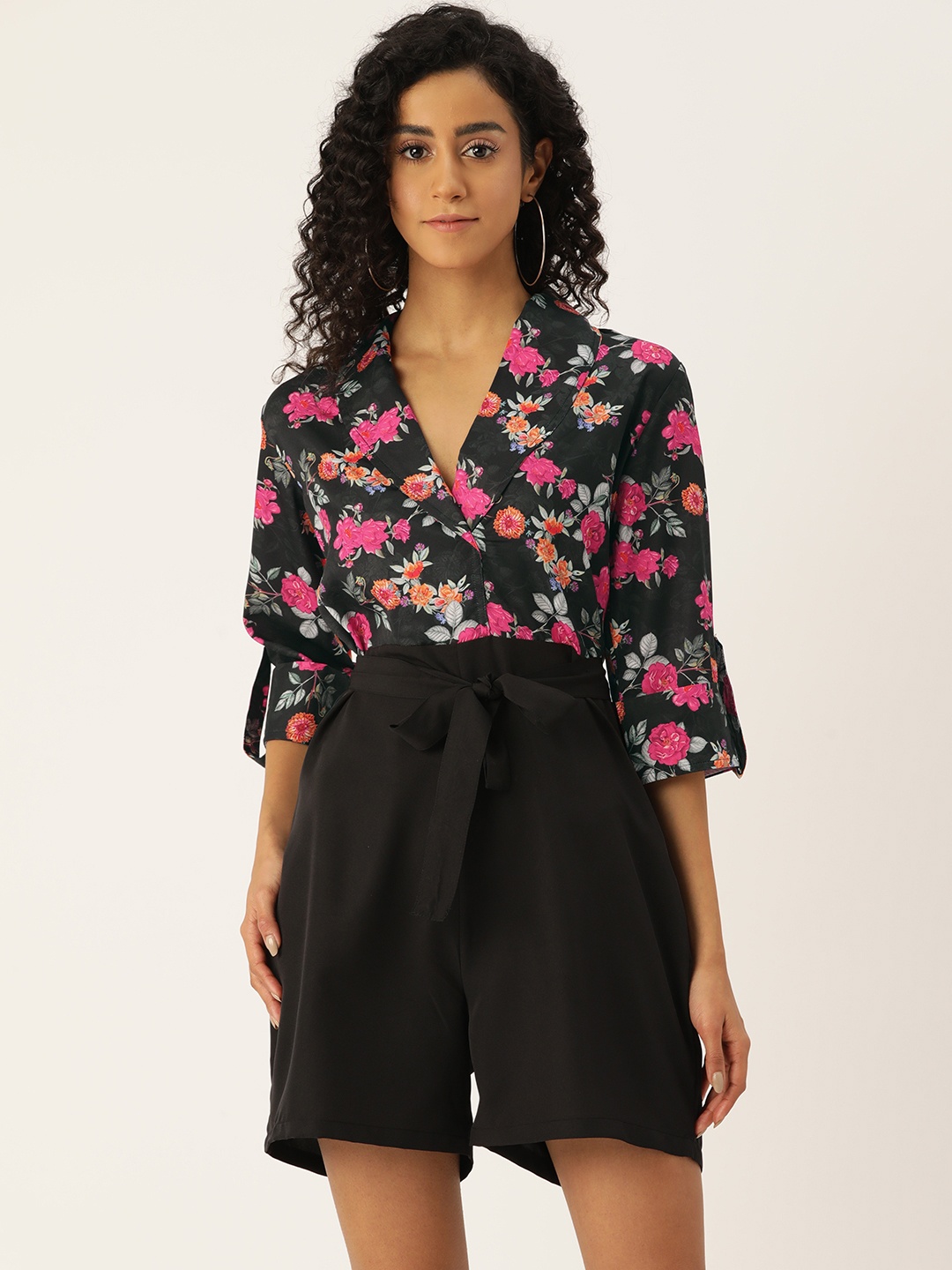

Sleek Italia Shawl Neck Printed Playsuit, Black