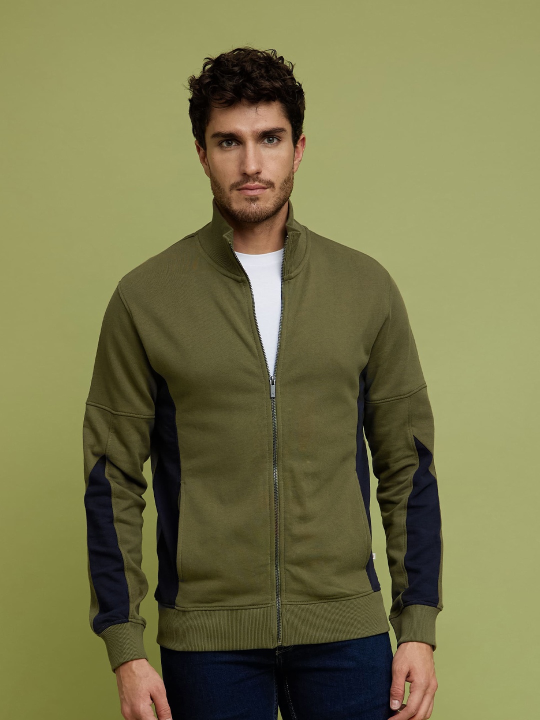 

Celio Colourblocked Mock Collar Long Sleeves Cotton Front-Open Sweatshirt, Olive