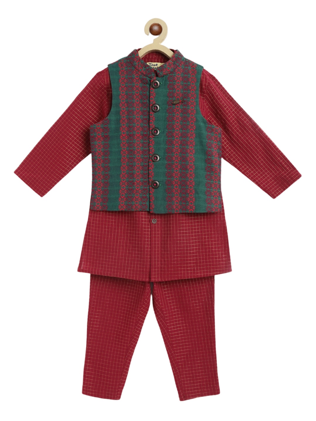 

Tiber Taber Boys Checked Pure Cotton Kurta & Pyjamas With Nehru jacket, Maroon