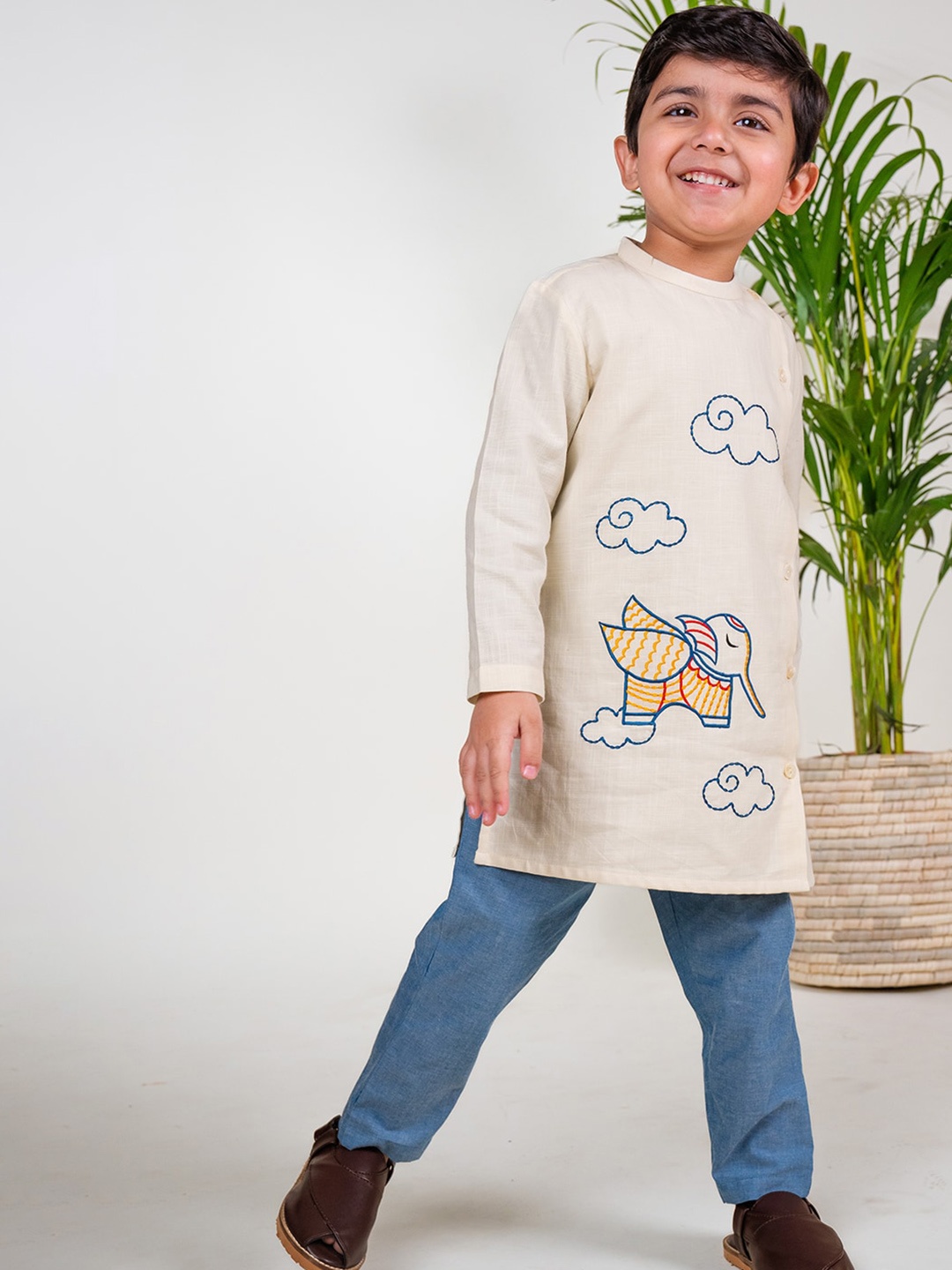 

Tiber Taber Boys Animal Embroidered Angrakha Thread Work Pure Cotton Kurta With Pyjamas, Cream