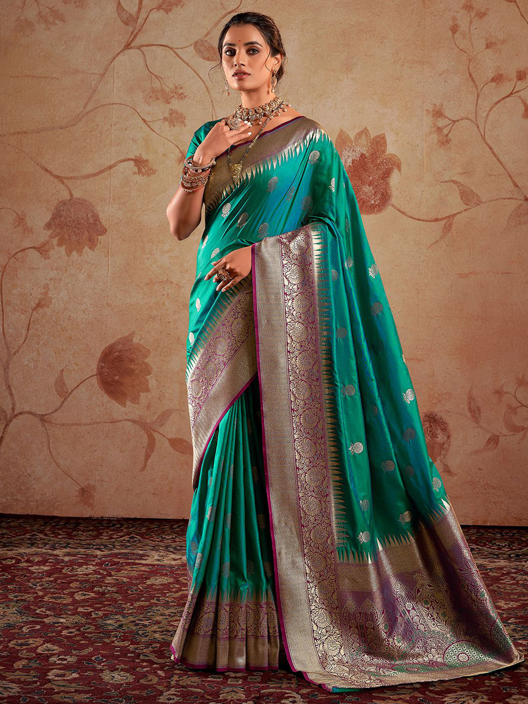 

Mitera Floral Woven Design Banarasi Zari Saree, Teal
