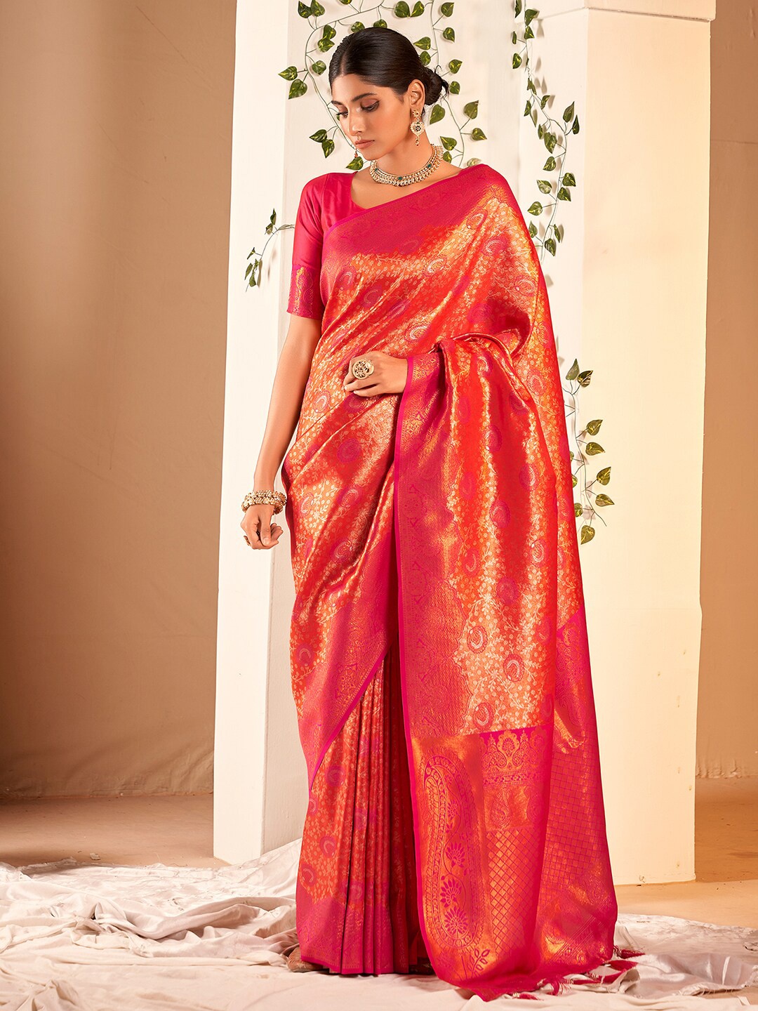

Mitera Floral Woven Design Banarasi Zari Saree, Orange