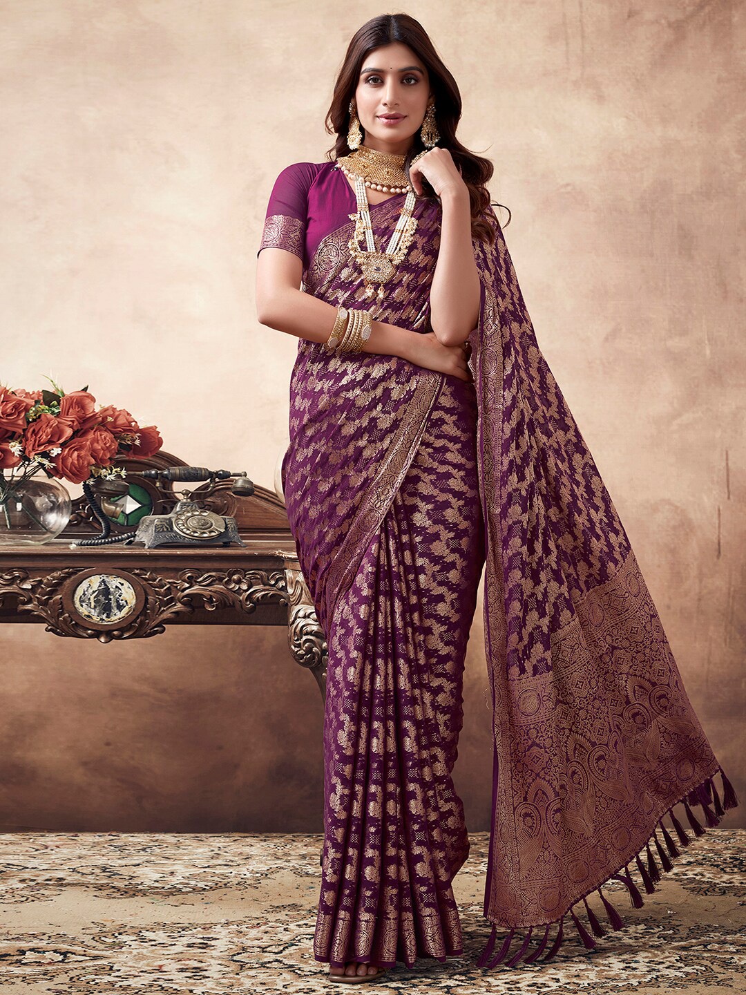 

Mitera Ethnic Motifs Wove Design Zari Saree, Purple