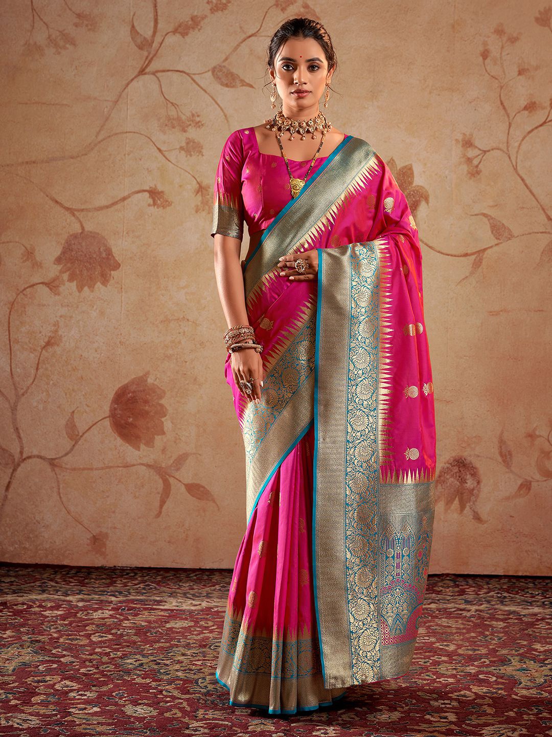 

Mitera Floral Woven Design Banarasi Zari Saree, Pink