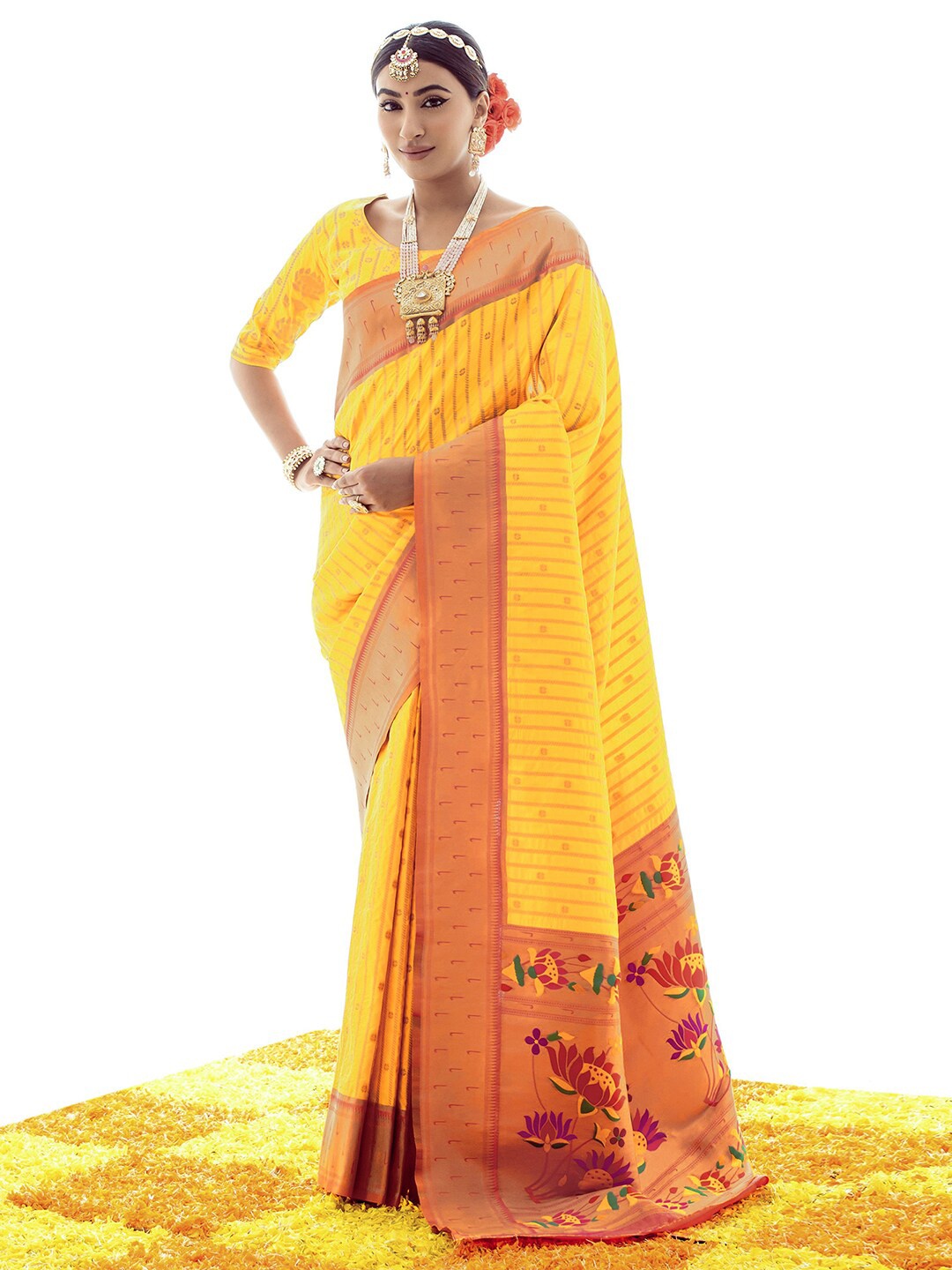 

Mitera Ethnic Motif Woven Design Zari Saree, Yellow