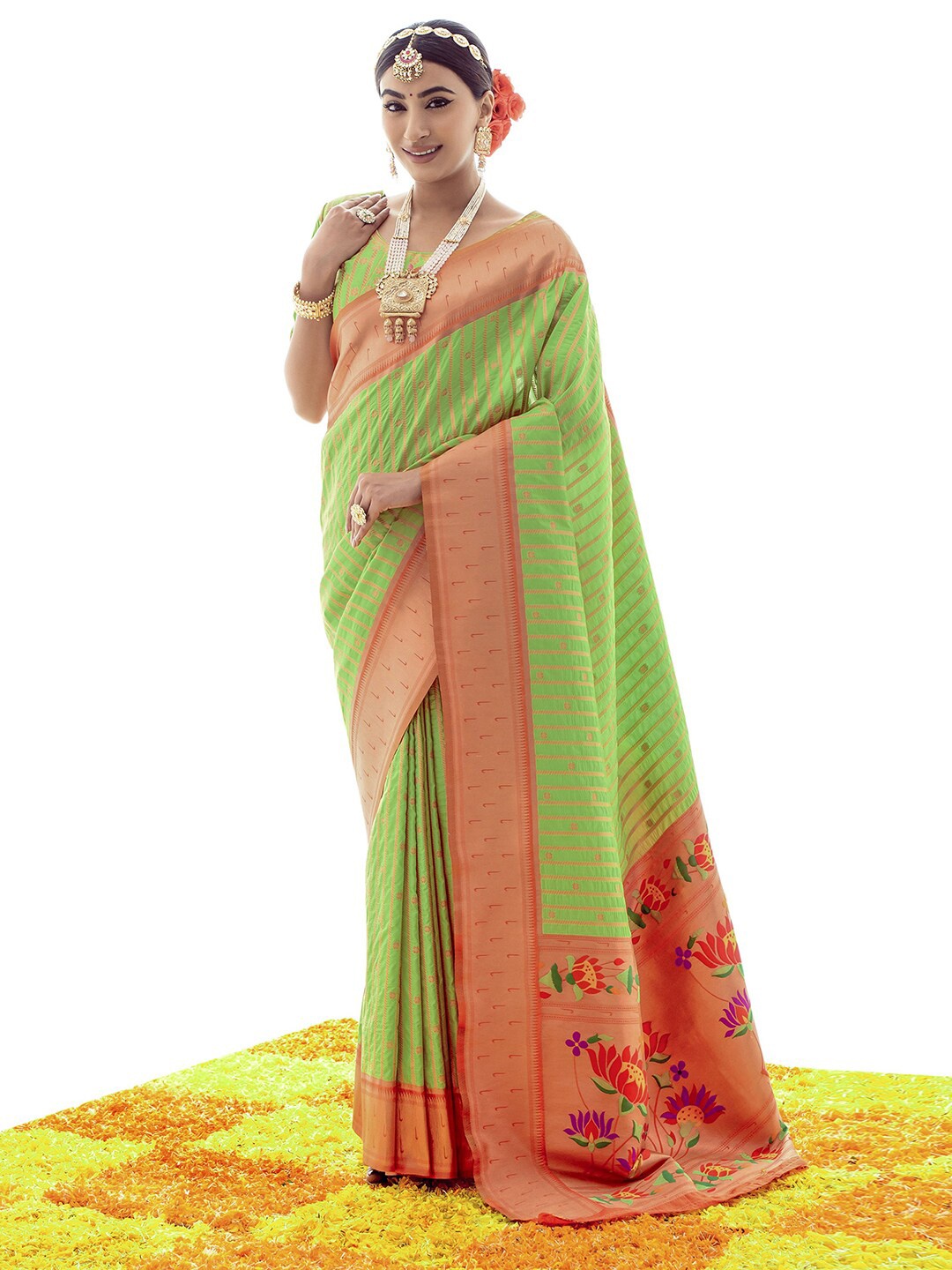 

Mitera Striped Woven Design Zari Saree, Green