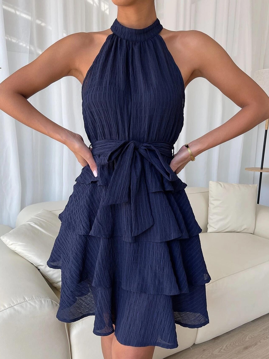 

StyleCast Navy Blue Self Design Layered Fit & Flare Dress