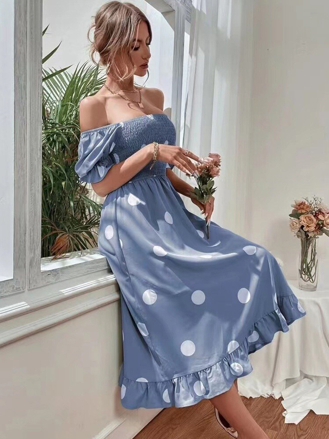 

StyleCast Blue Polka Dot Printed Off-Shoulder Puff Sleeve Fit & Flare Maxi Dress