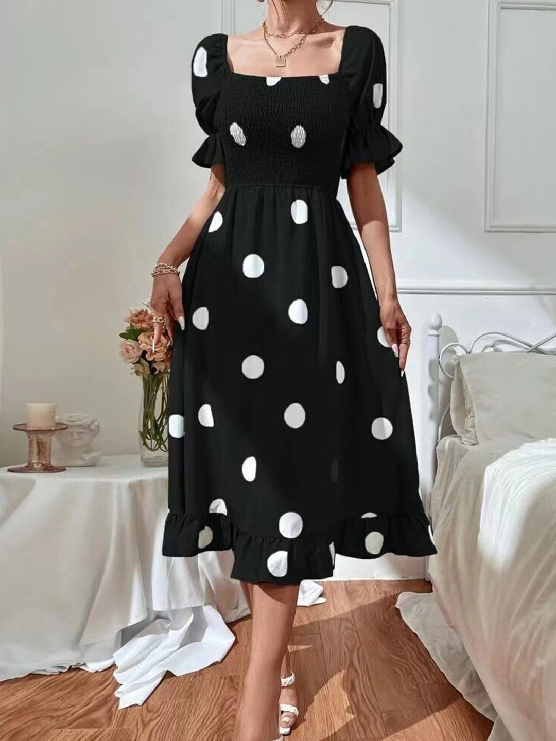 

StyleCast Black & White Polka Dots Printed Puff Sleeves Smocked Fit & Flare Midi Dress