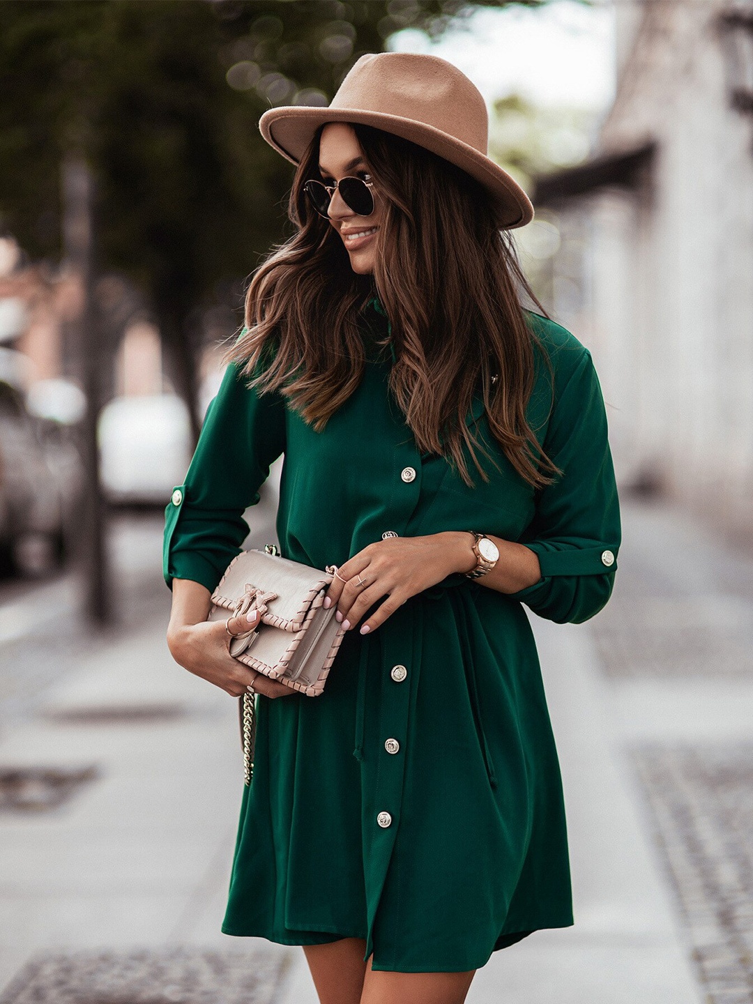 

StyleCast Green Roll-Up Sleeves Tie-Ups Shirt Style Dress