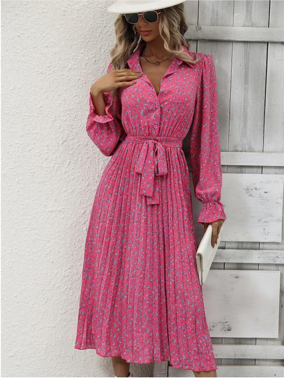 

StyleCast Pink Floral Print Shirt Collar Fit & Flare Midi Dress