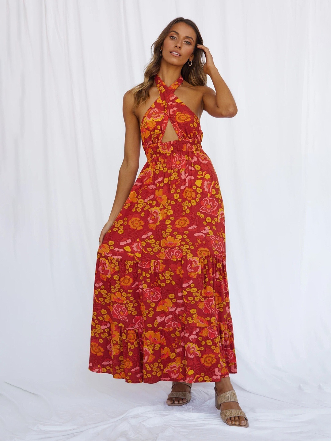 

StyleCast Red Floral Print Halter Neck Cotton Maxi Dress