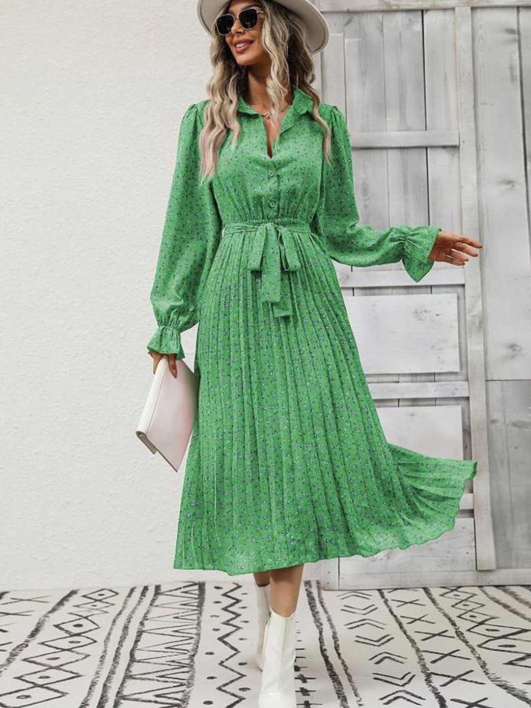 

StyleCast Floral Printed Tie Up Fit & Flare Midi Dress, Green