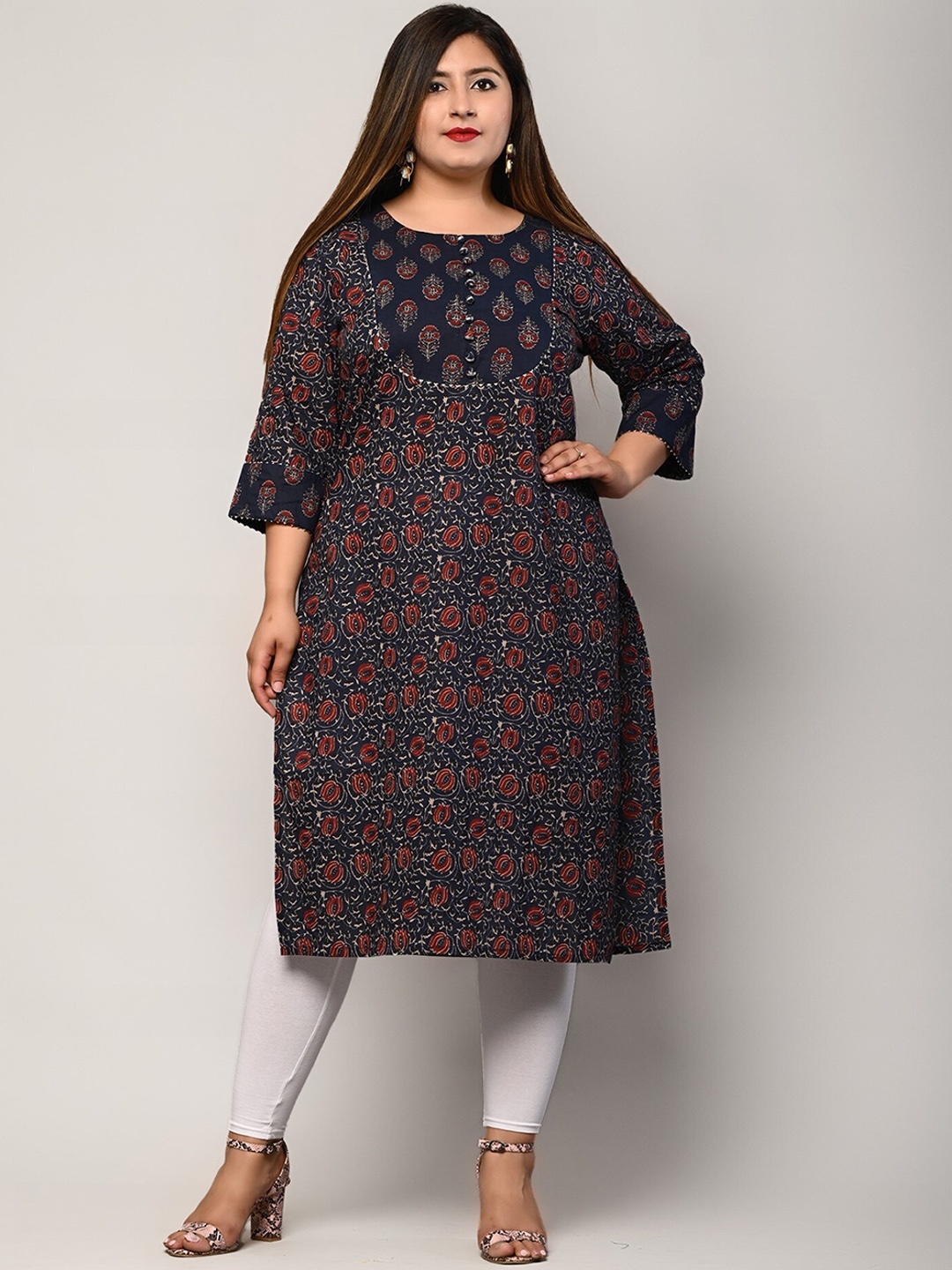 

KALINI Plus Size Floral Printed Gotta Patti Cotton Straight Kurta, Blue