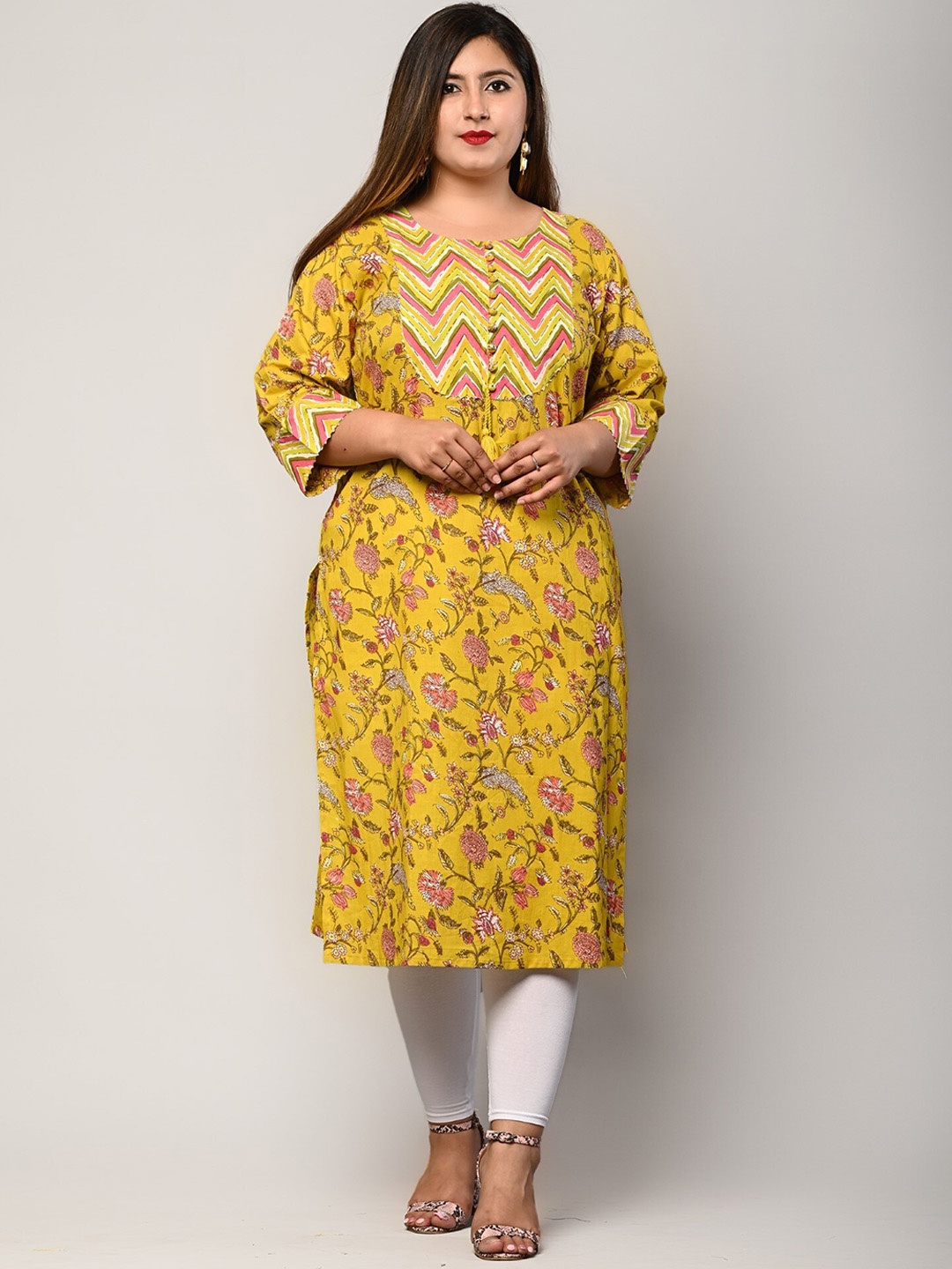 

KALINI Plus Size Floral Printed Pure Cotton Kurta, Yellow