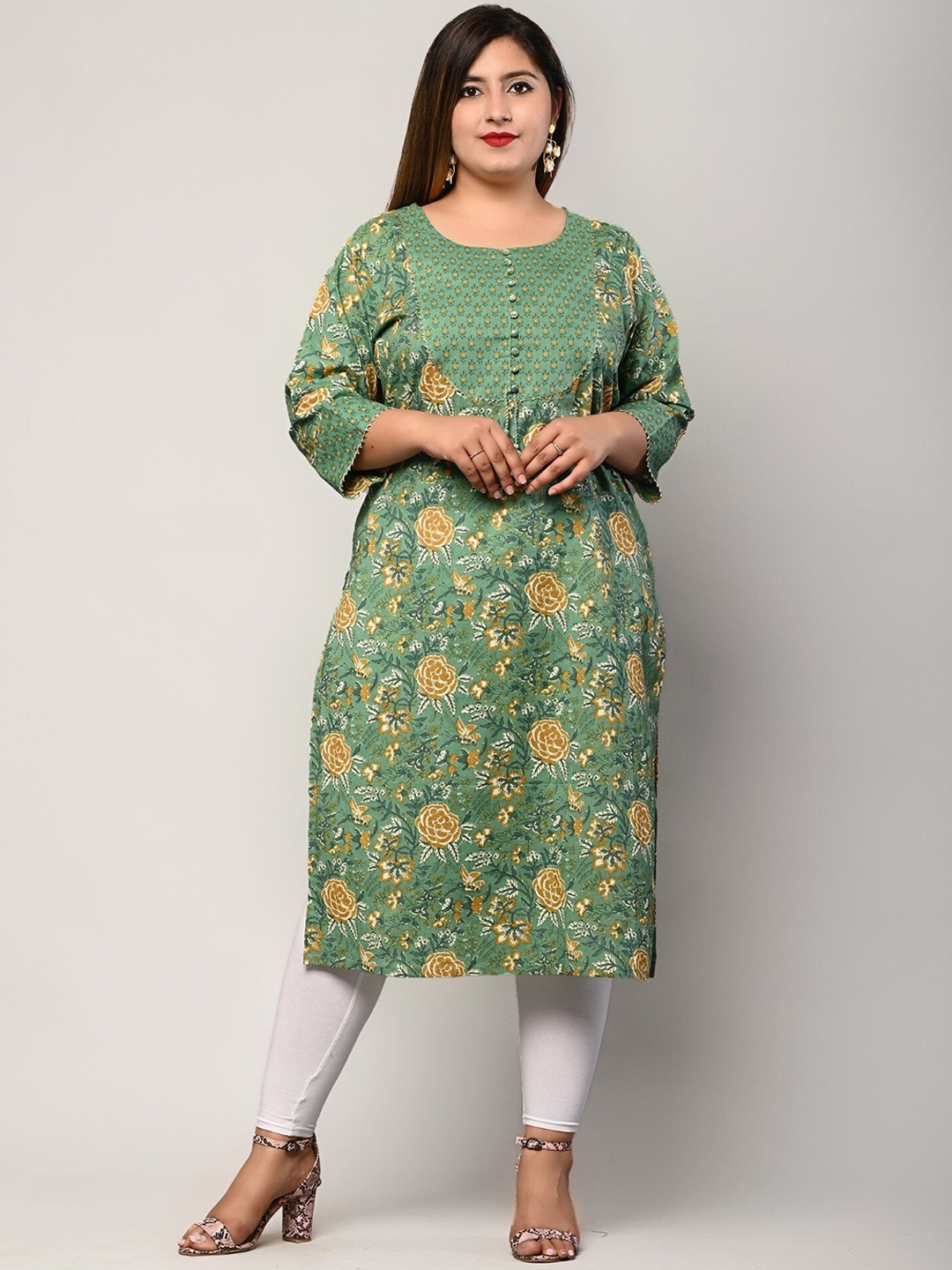 KALINI Plus Size Floral Printed Pure Cotton Kurta, Green