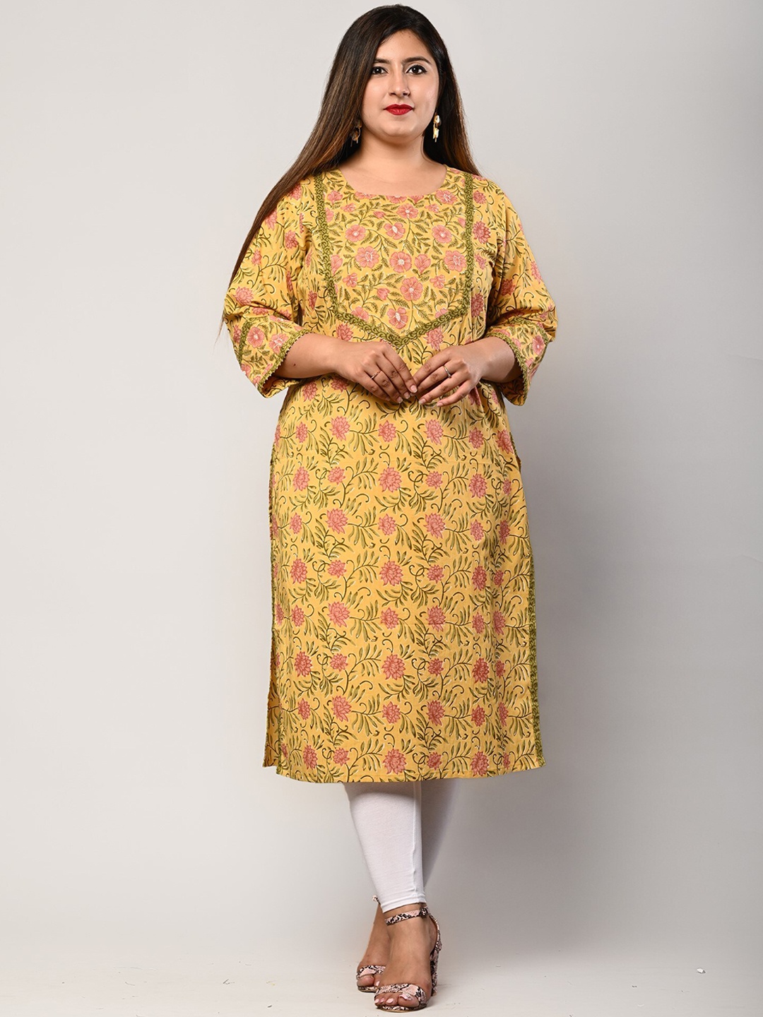 

KALINI Floral Printed Cotton Straight Kurta, Yellow
