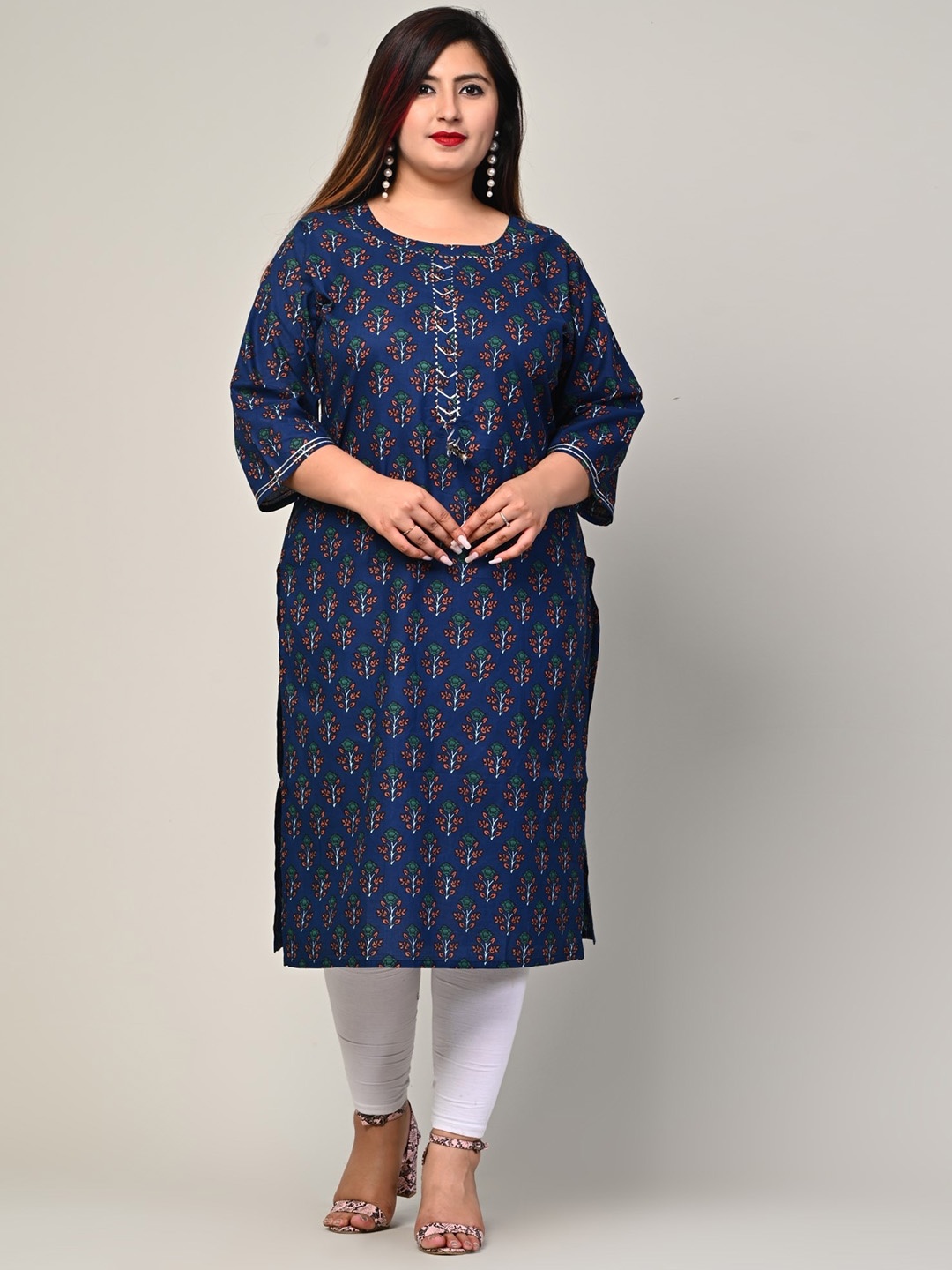 

KALINI Plus Size Floral Printed Pure Cotton Kurta, Blue