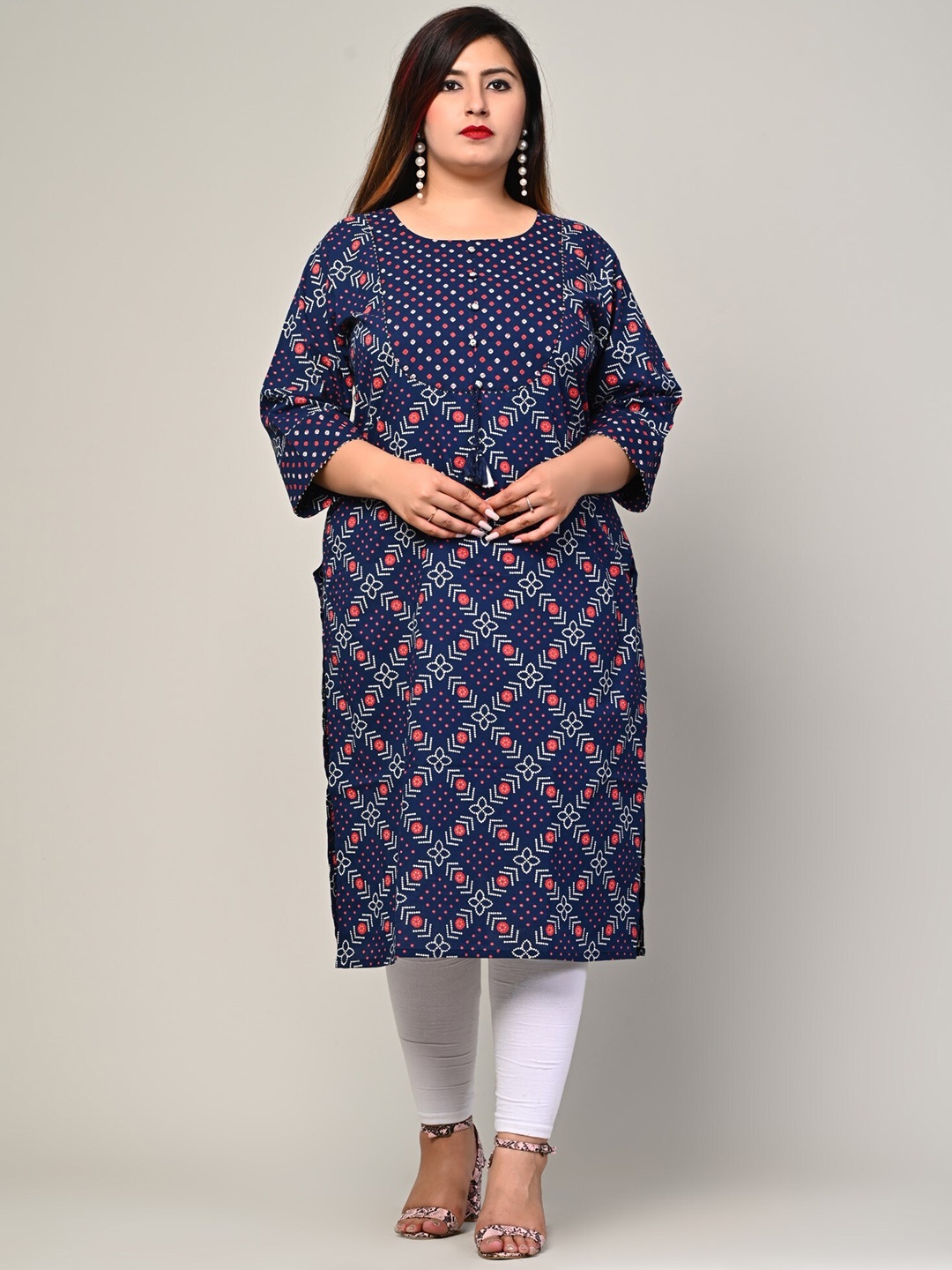 

KALINI Plus Size Bandhani Printed Round Neck Gotta Patti Cotton Straight Kurta, Blue