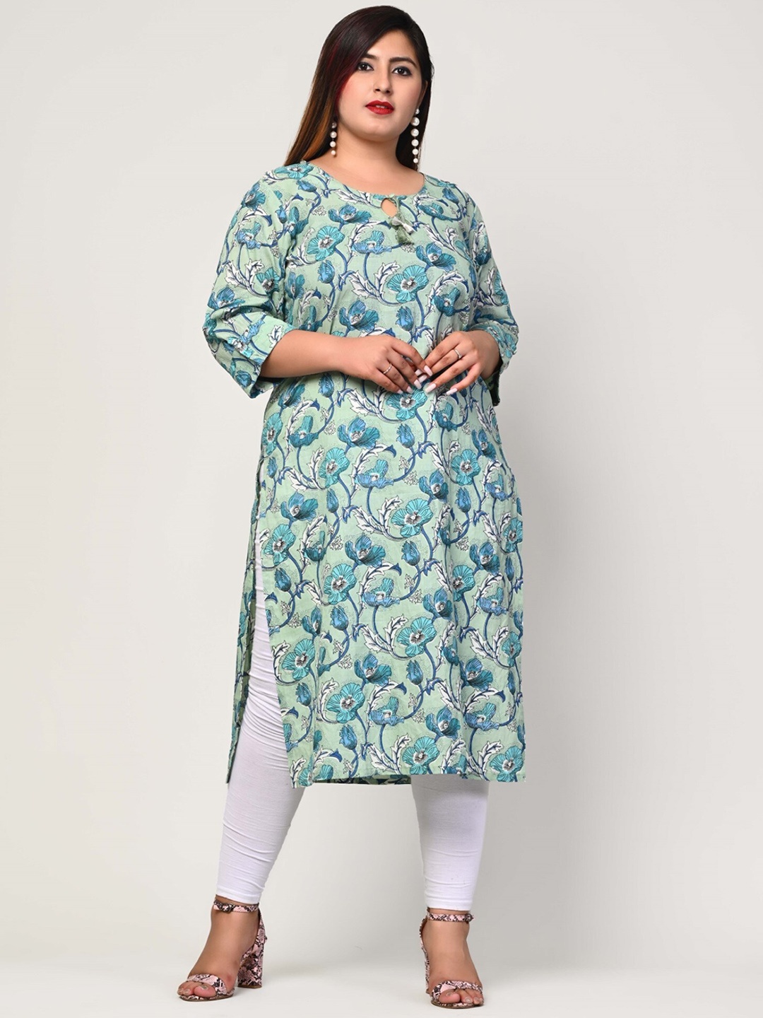 KALINI Plus Size Floral Printed Pure Cotton Kurta, Green