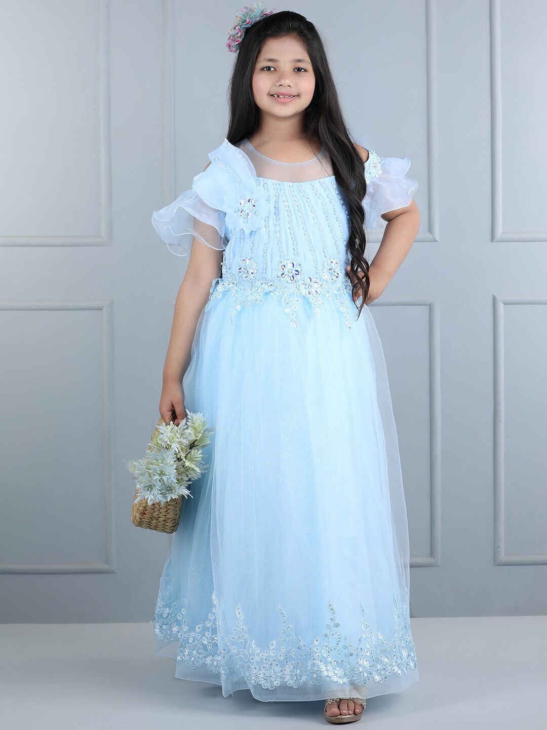 

WhiteHenz CLOTHING Girls Embellished Tulle Flutter Sleeves Net Fit & Flare Maxi Dress, Blue