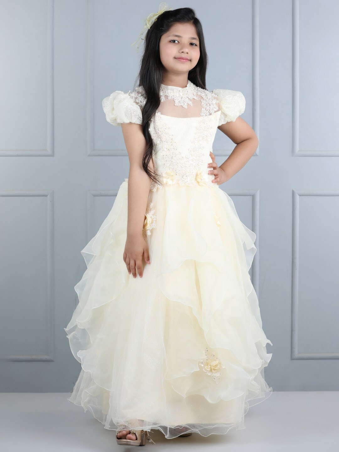 

WhiteHenz CLOTHING Girls Embellished Tulle Ruffles Detailed Net Fit & Flare Maxi Dress, Cream