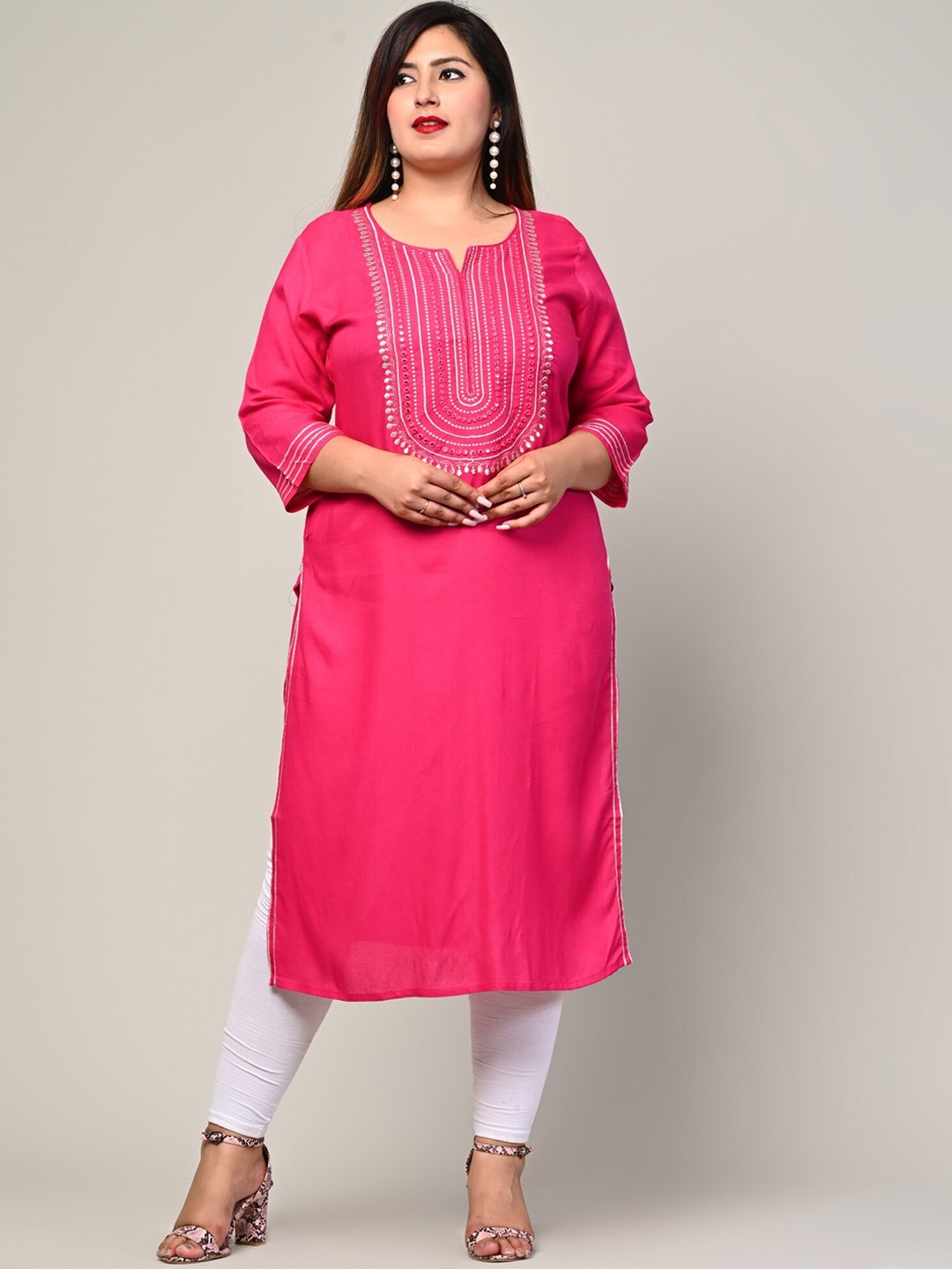 

KALINI Plus Size Ethnic Motifs Embroidered Notch Neck Mirror Work Straight Kurta, Pink