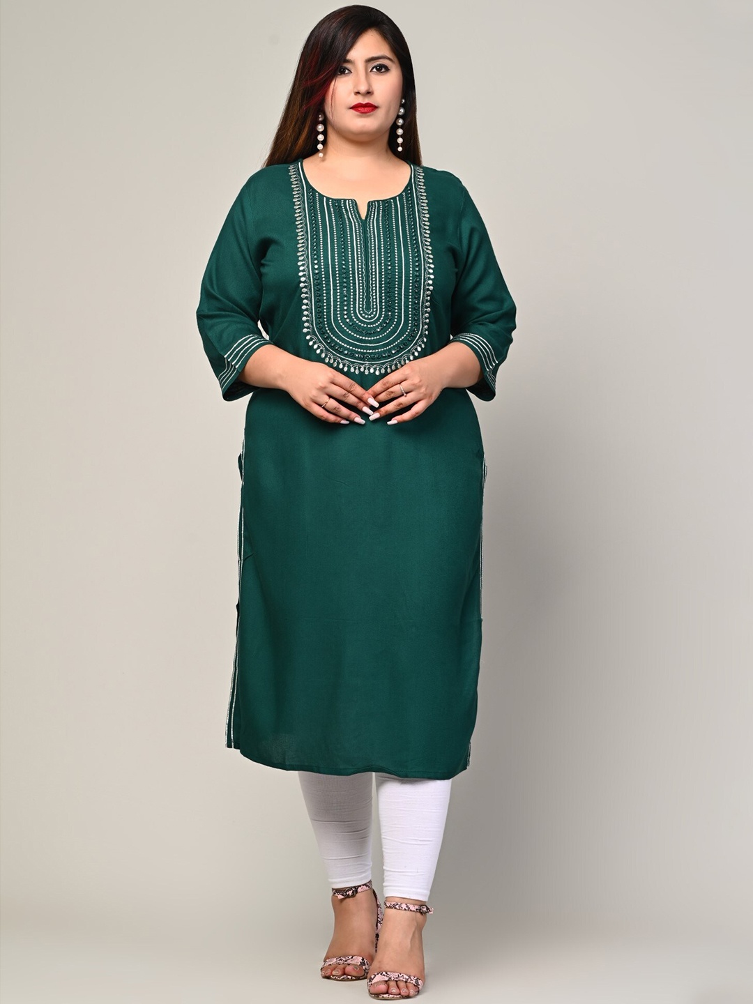 KALINI Plus Size Ethnic Motifs Embroidered Notch Neck Mirror Work Straight Kurta, Green