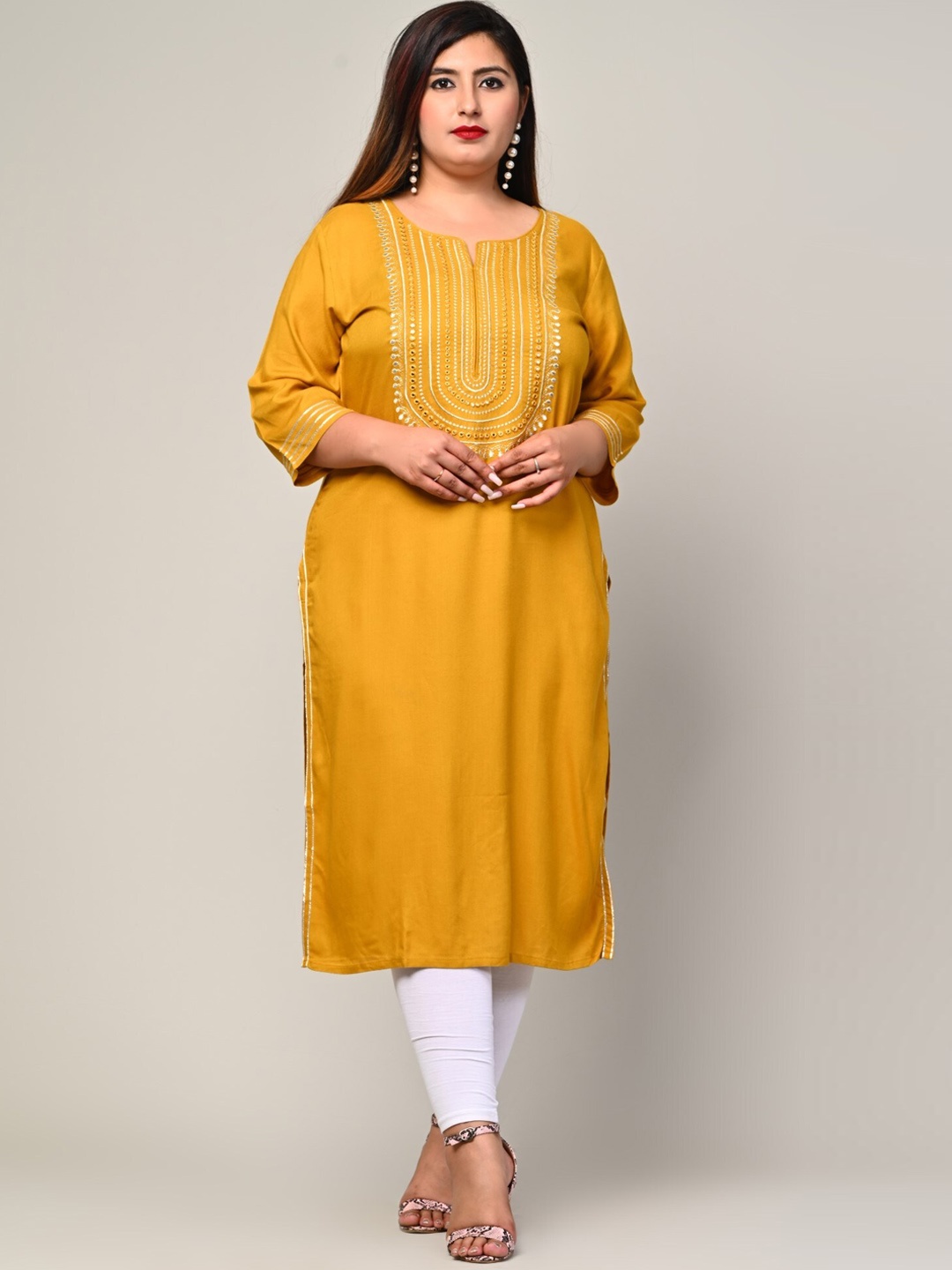 

KALINI Plus Size Ethnic Motifs Embroidered Notch Neck Mirror Work Straight Kurta, Yellow