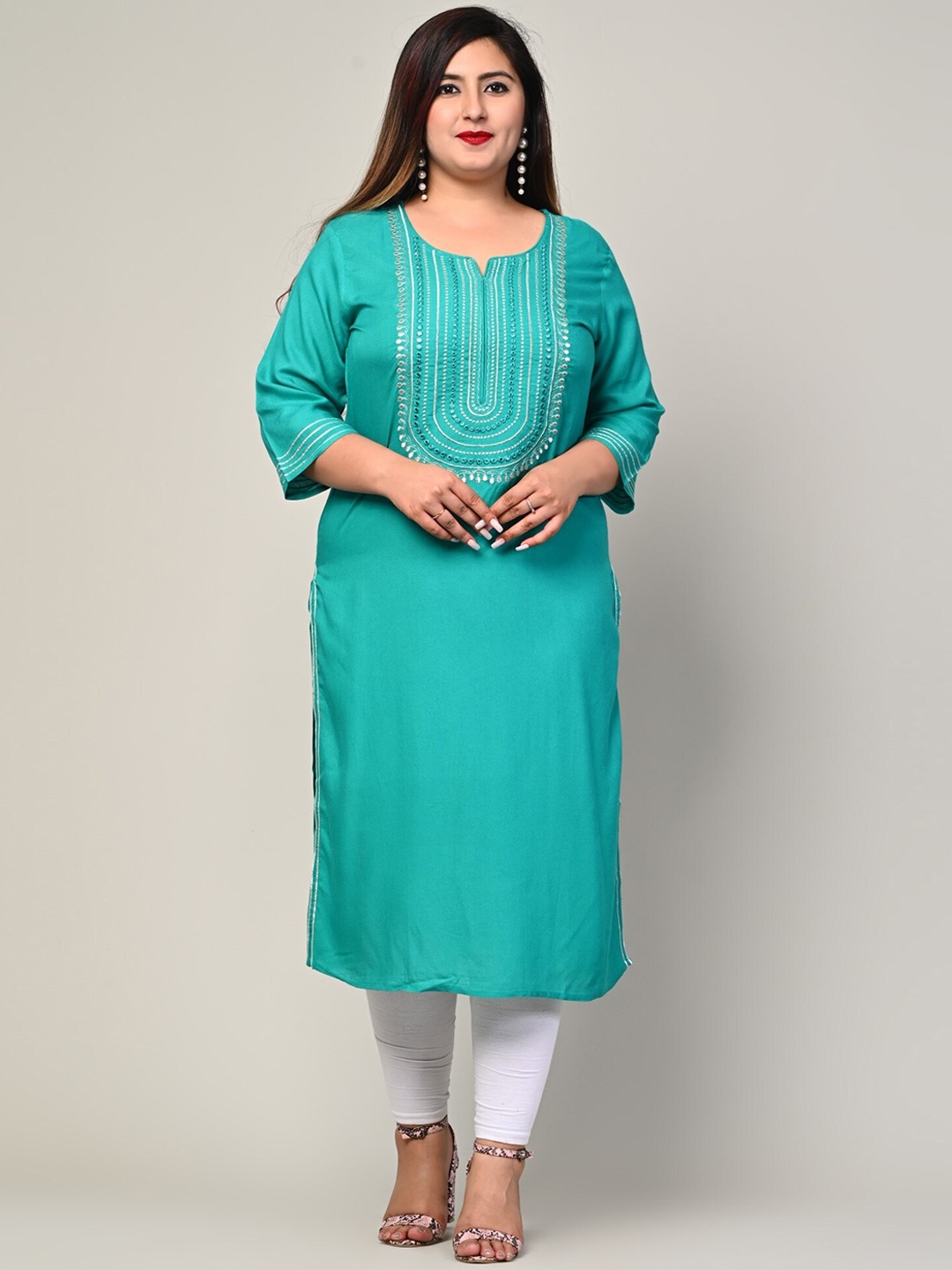 

KALINI Plus Size Ethnic Motifs Embroidered Notch Neck Mirror Work Straight Kurta, Turquoise blue