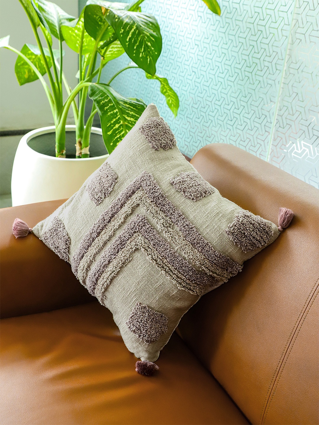 

SANSKRUTIHOMES Grey & Beige Embroidered Square Cushion Covers