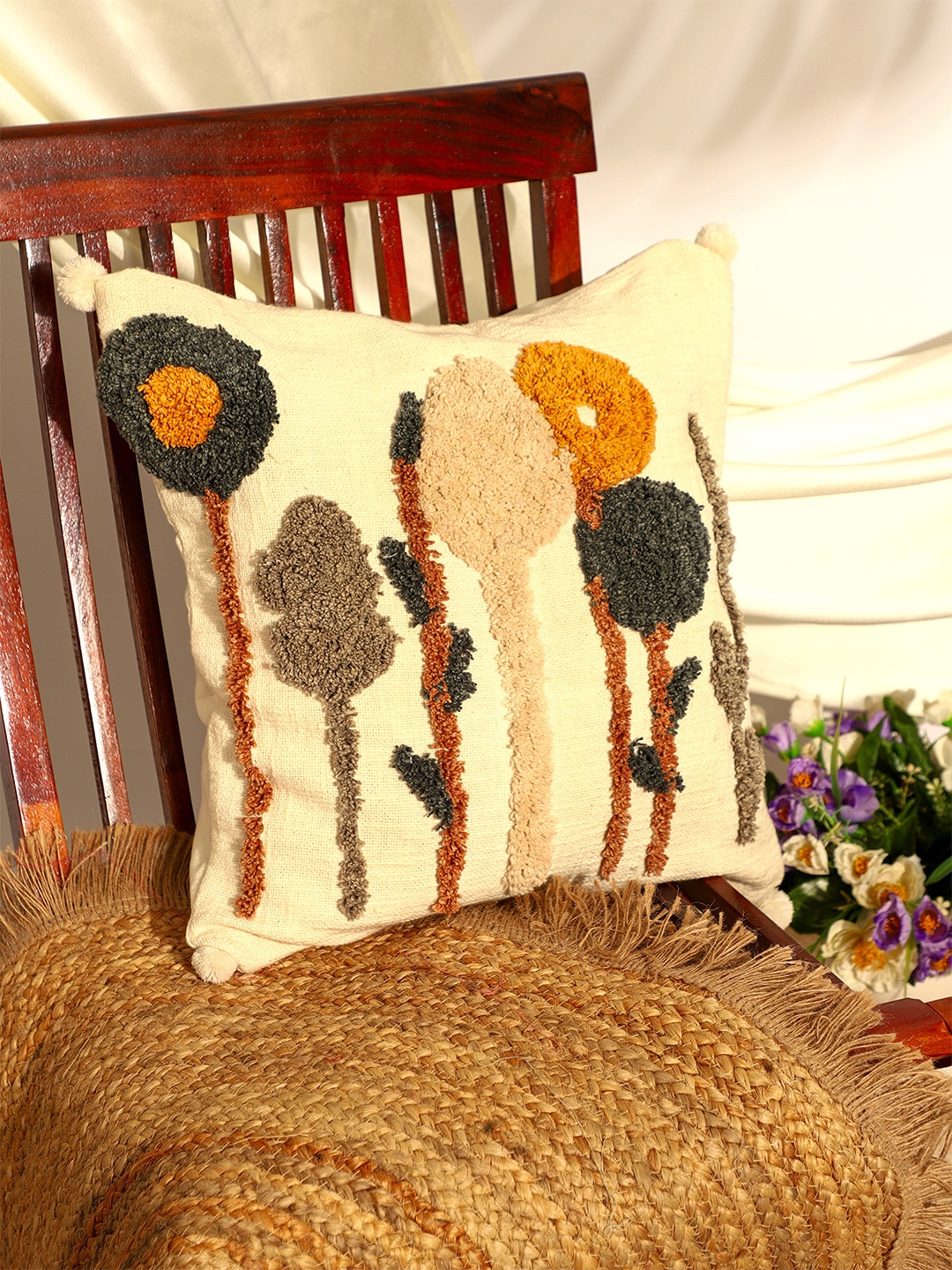 

SANSKRUTIHOMES Off White & Mustard Embroidered Square Cotton Cushion Covers