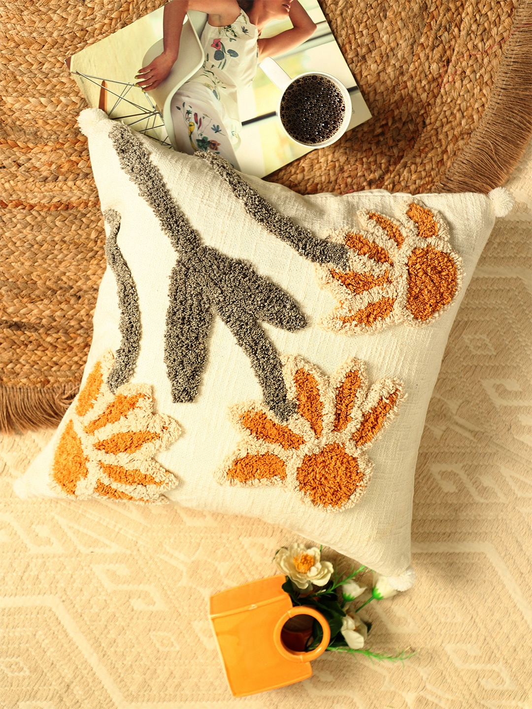 

SANSKRUTIHOMES Off White & Mustard Embroidered Cotton Square Cushion Covers