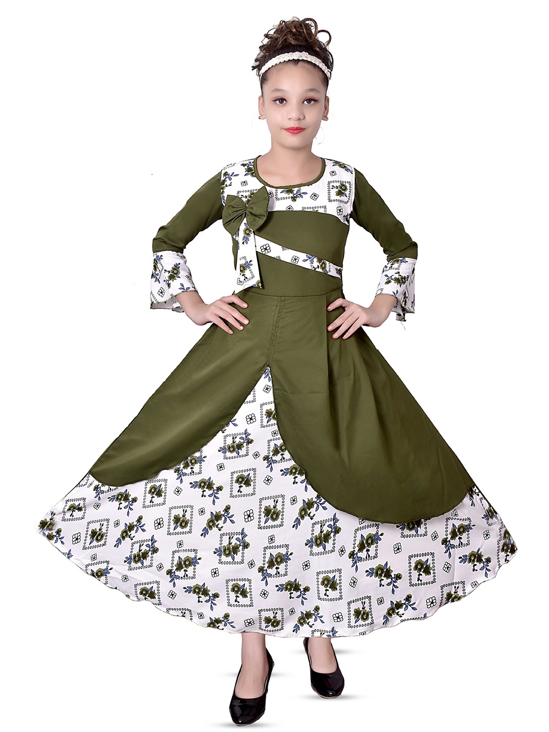 

BAESD Girls Flora Printed Bell Sleeves A-Line Midi Dress, Green