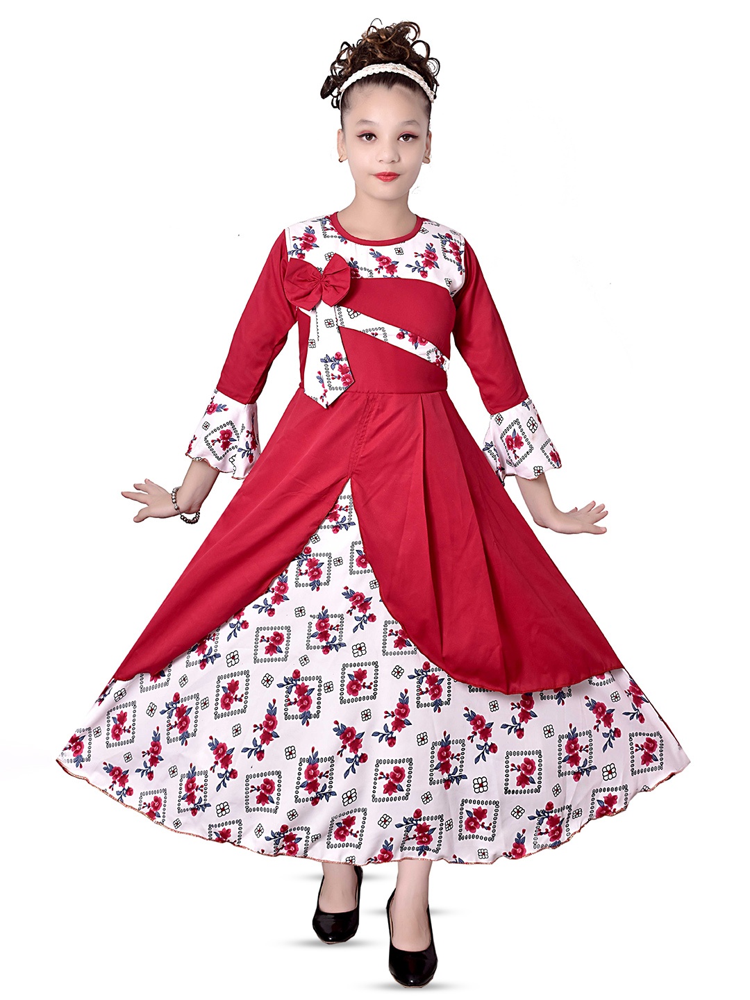

BAESD Girls Flora Printed Bell Sleeves A-Line Midi Dress, Red
