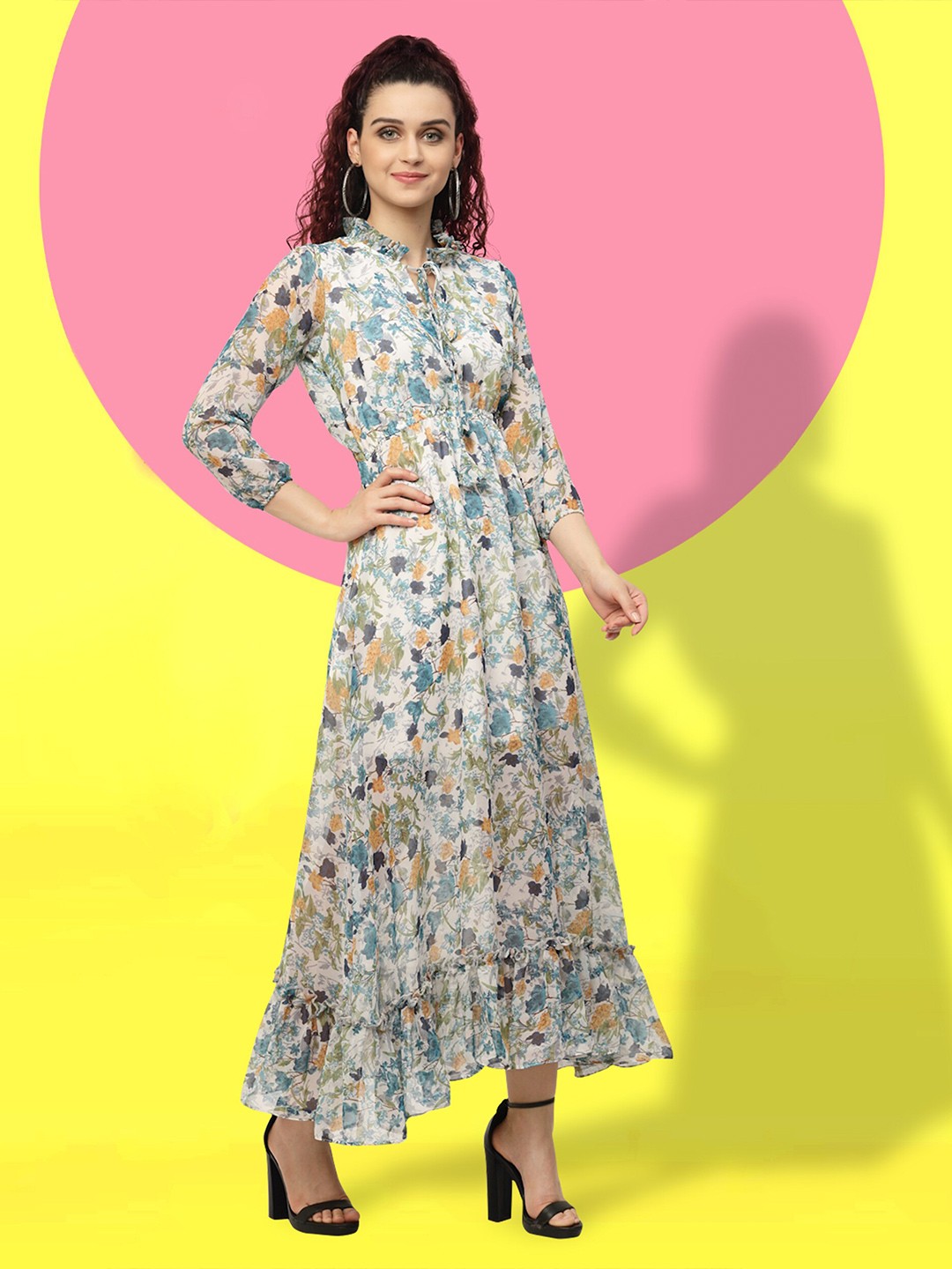 

MISS AYSE Floral Print Tie-Up Neck Georgette Fit & Flare Midi Dress, Blue