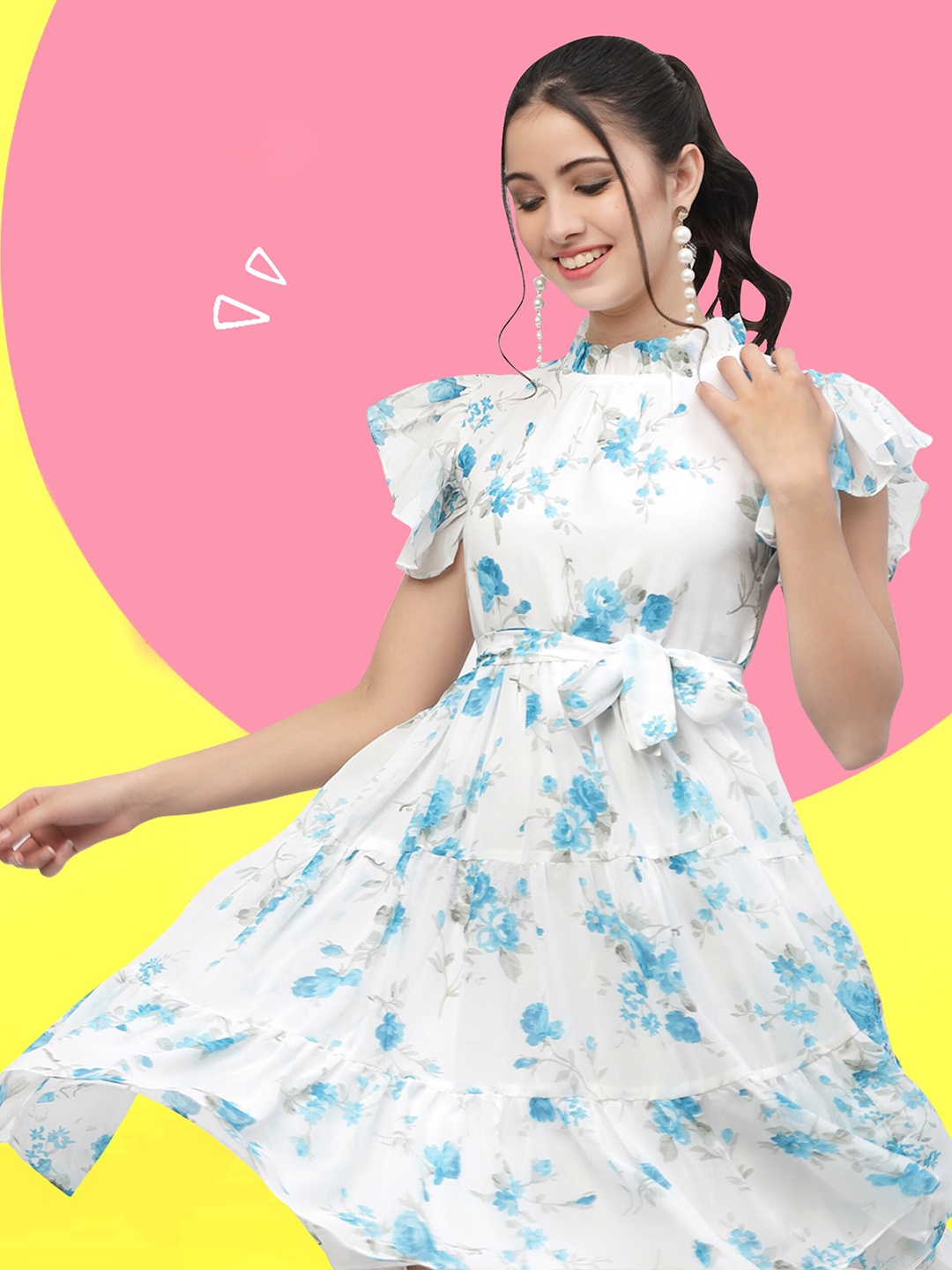 

MISS AYSE Floral Print High Neck Flutter Sleeve Georgette Fit & Flare Dress, White